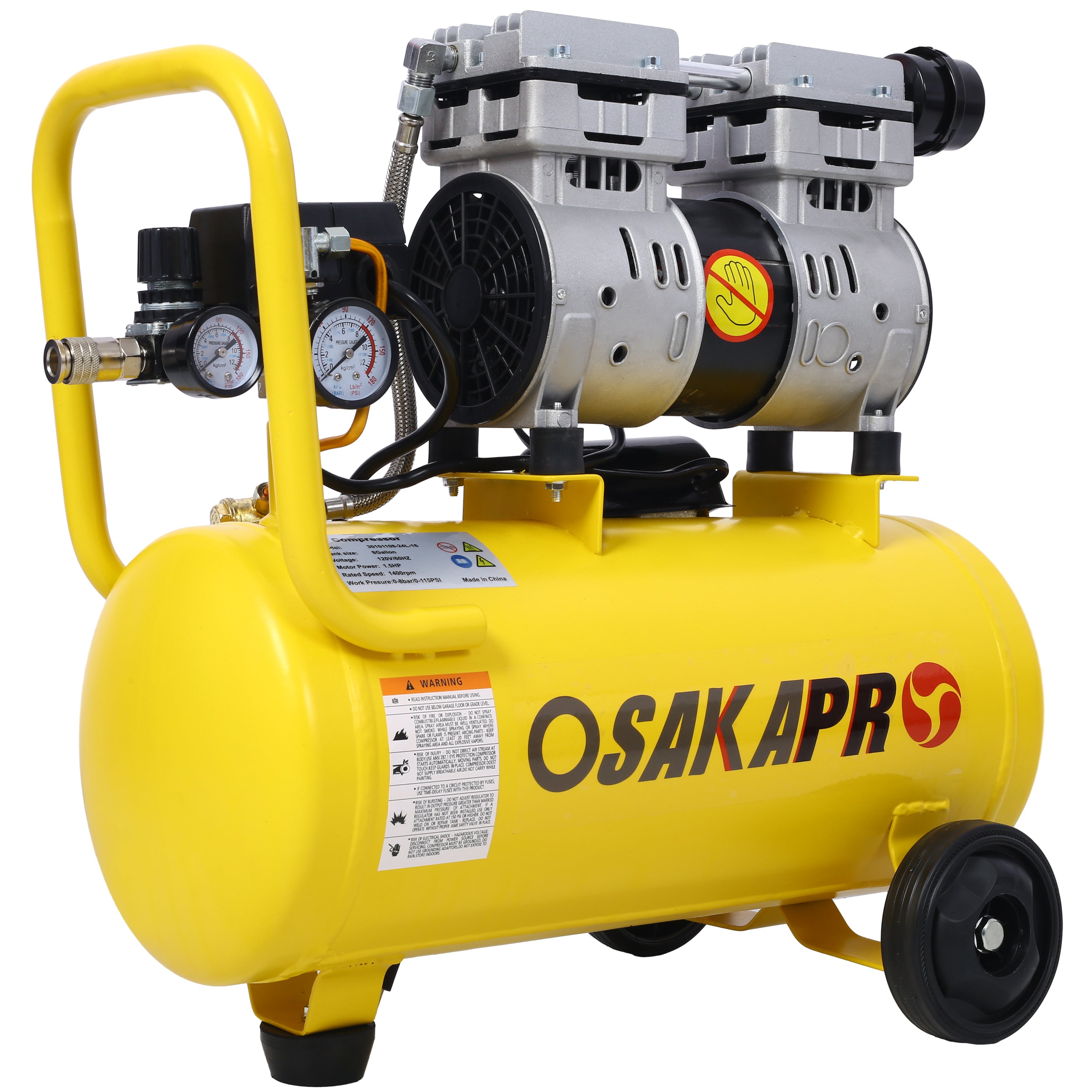 Tatayosi T564404 Silent Oil-Free Air Compressor 8 Gallon Oil-Free Electric Shop Air Compressor Portable Lightweight with Wheels 70 dBA Noise Level with Automatic Drain Valve Yellow