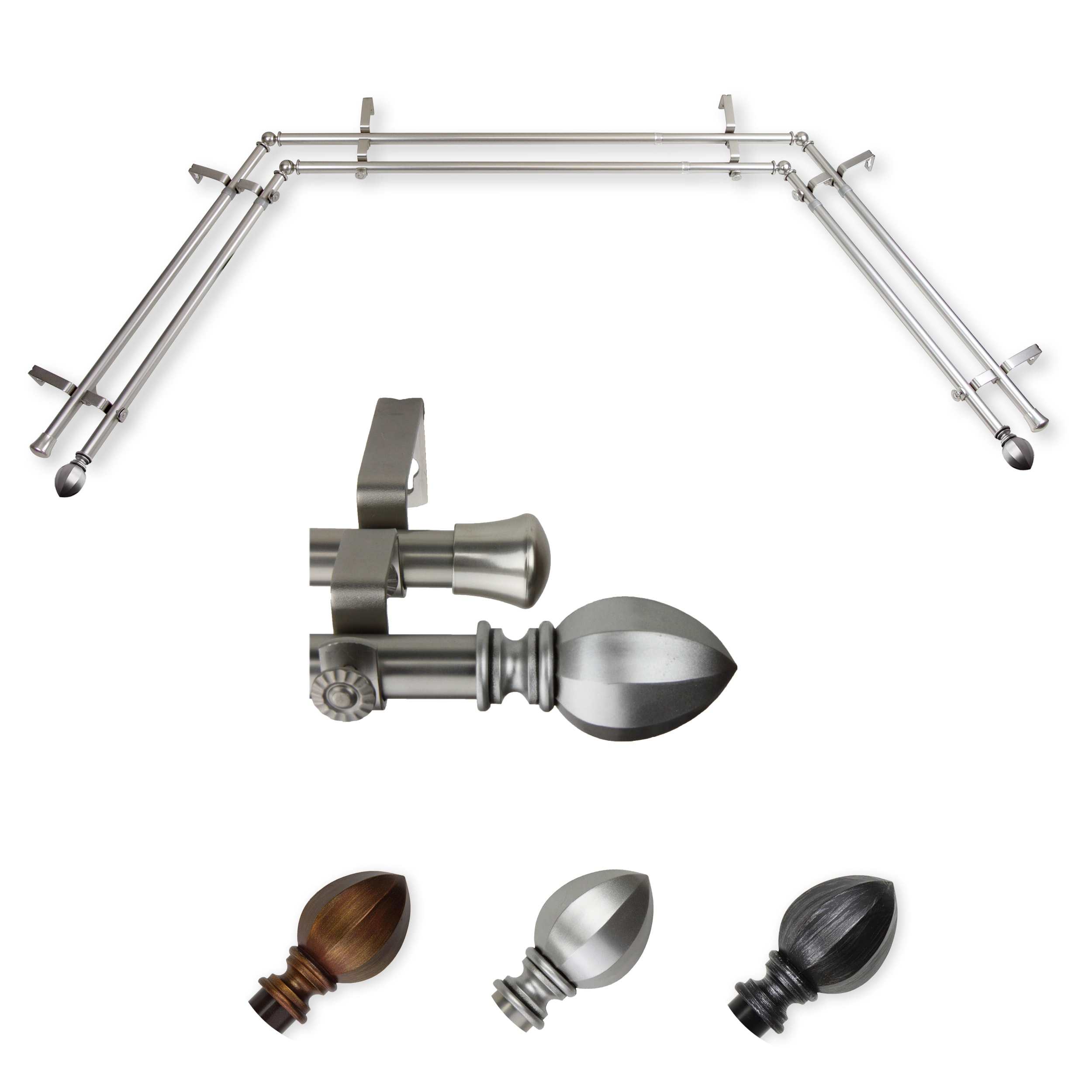 Hart & Harlow L-ABAY-18-5D Milton 13/16-in Double Bay Satin nickel Steel Bay window curtain rod with Finials