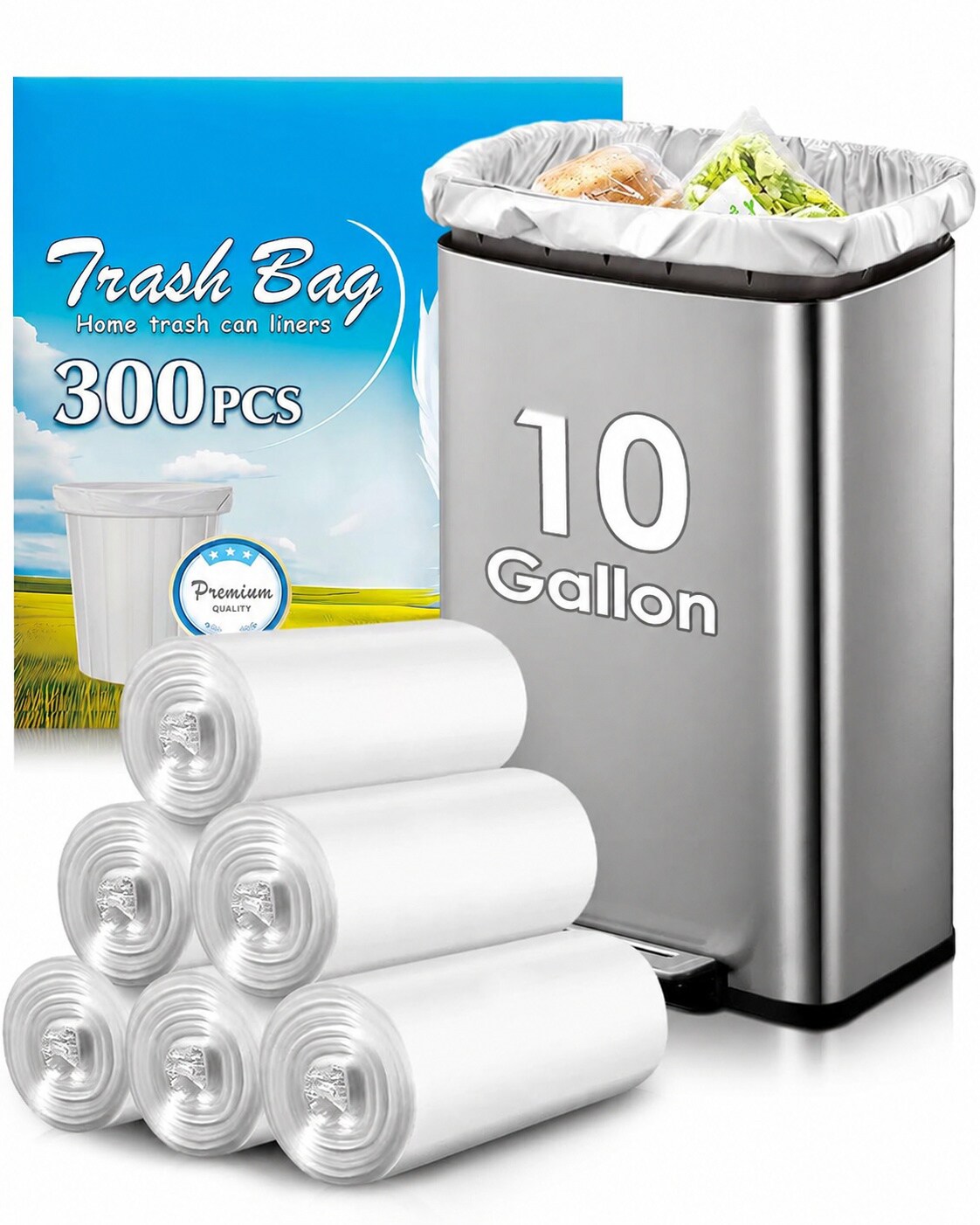 Phyfalip  10 Gallon 300 Pack Medium Trash Bags Clear Tall Kitchen Garbage Bags Leak Resistant HDPE for Home Office Bathroom Bedroom Car