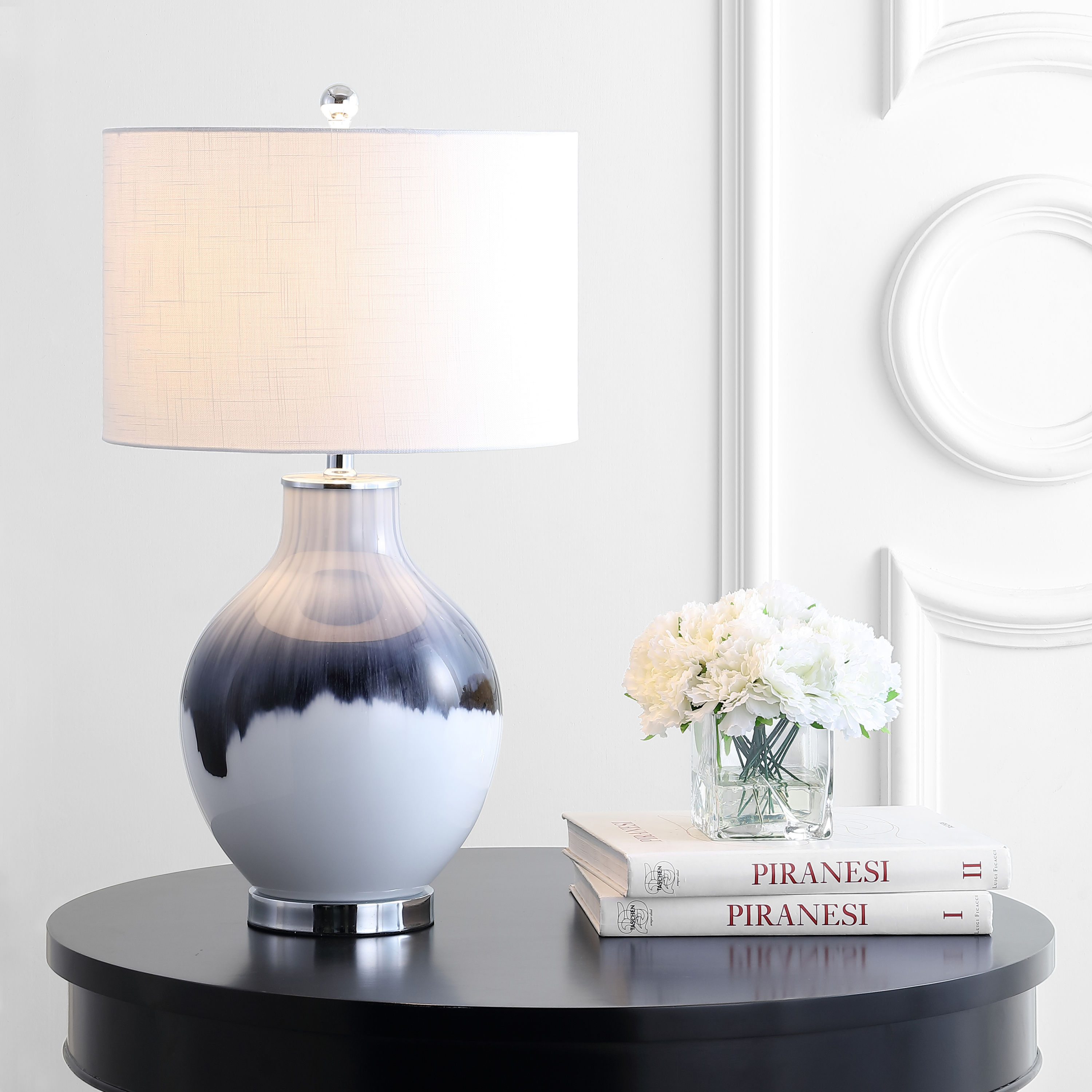 JONATHAN  Y JYL1065A Mia Glass Glam/Transitional 27-in Chrome LED Incandescent Rotary socket Table Lamp with Linen Shade