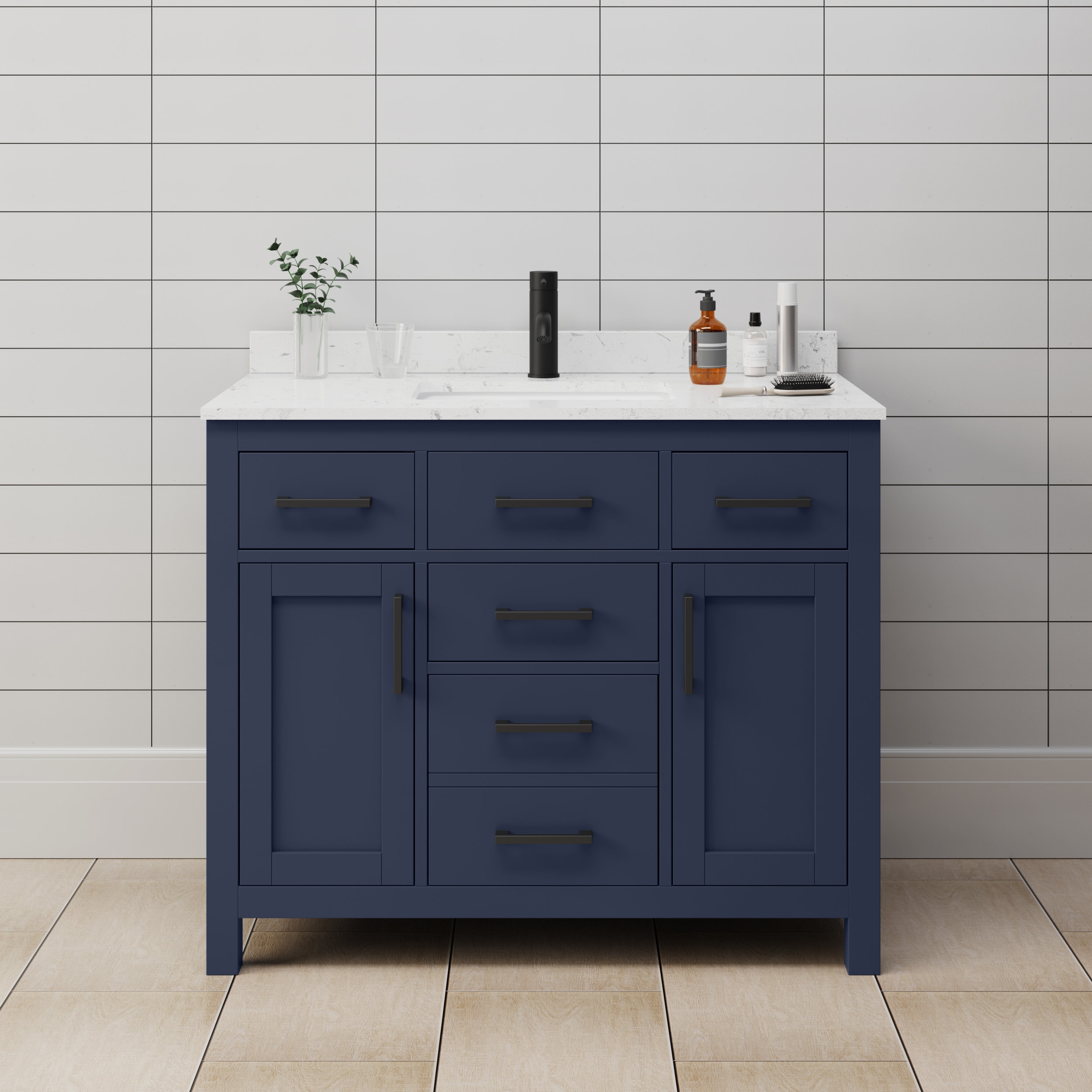 Wyndham Collection WCG242442SBBCCUNSMXX Beckett 42-in Dark Blue with Matte Black Trim Undermount Single sink Bathroom Vanity with Carrara Cultured Marble Cultured marble Top