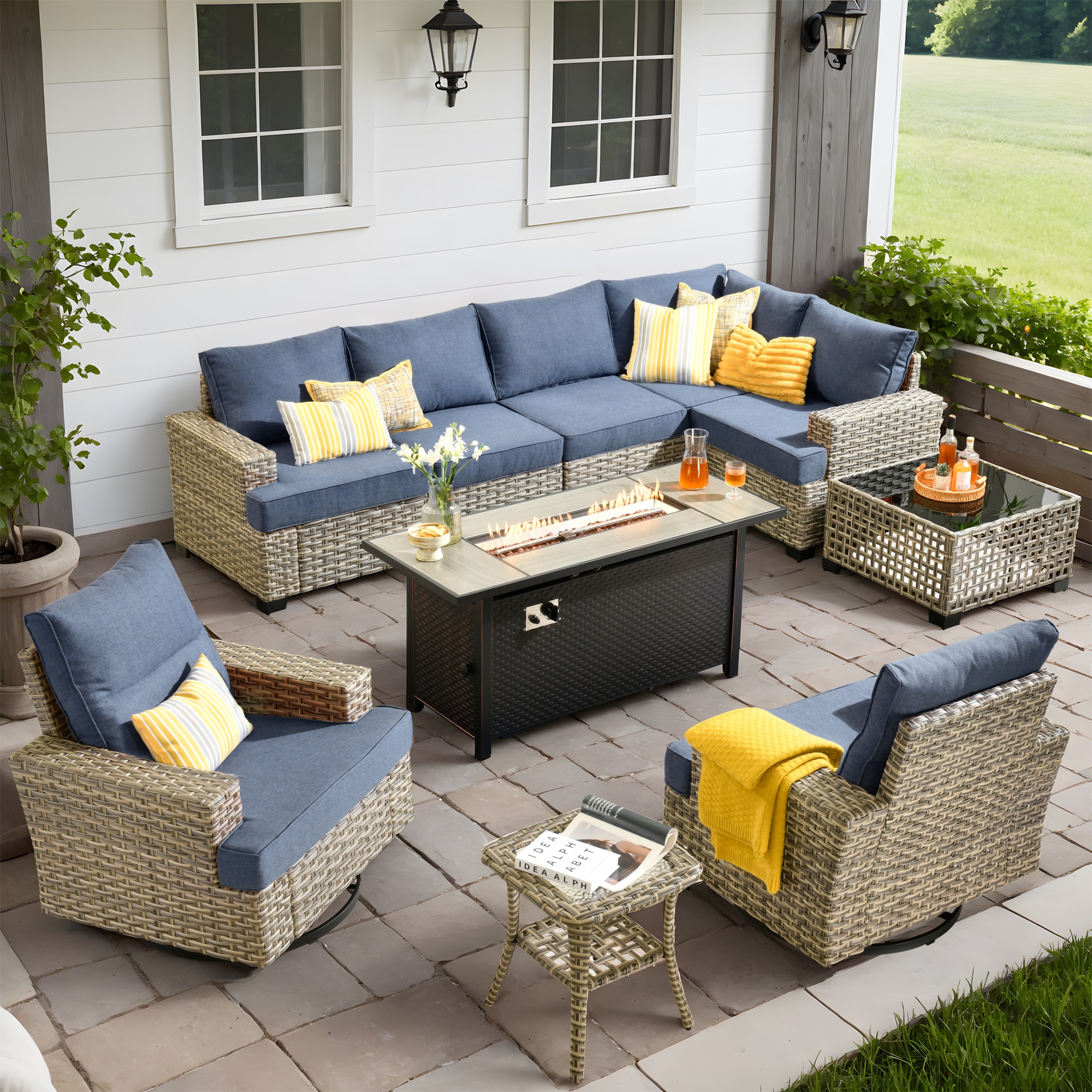 Ovios RFP5TS509Y 10 -Piece Rattan Patio Conversation Set with Blue Cushions