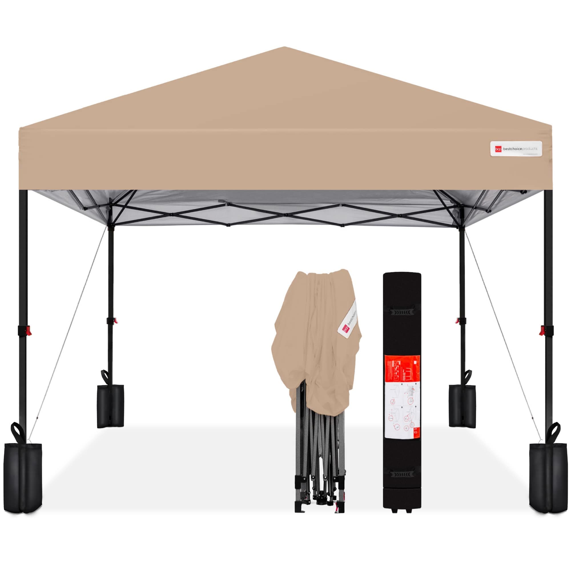 Best Choice Products SKY7660 8x8ft Easy Setup Pop Up Canopy w/ 1-Button Setup Wheeled Case 4 Weight Bags - Tan