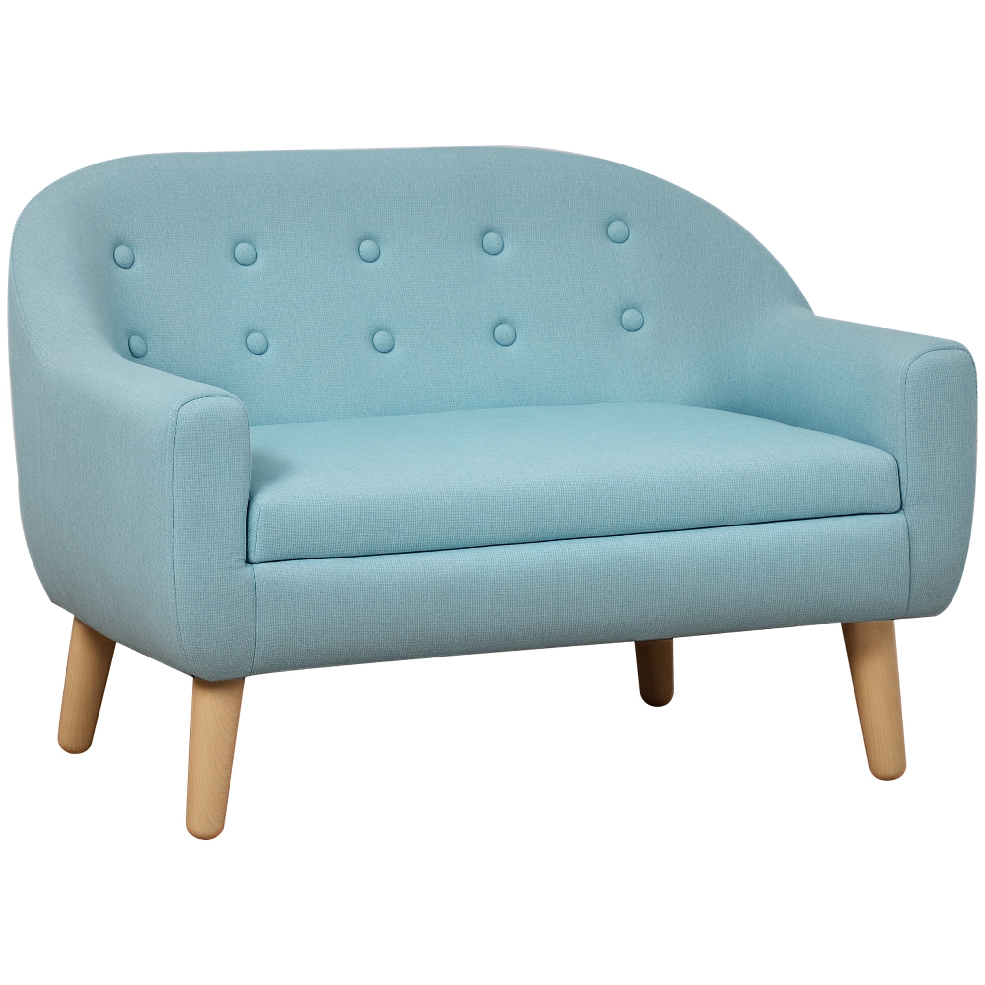 Qaba  2 Seat Kids Sofa Toddler Sofa Couch Linen Like Fabric and Wooden Frame Sofa Chair for Ages 3 7 11 High Seat Blue