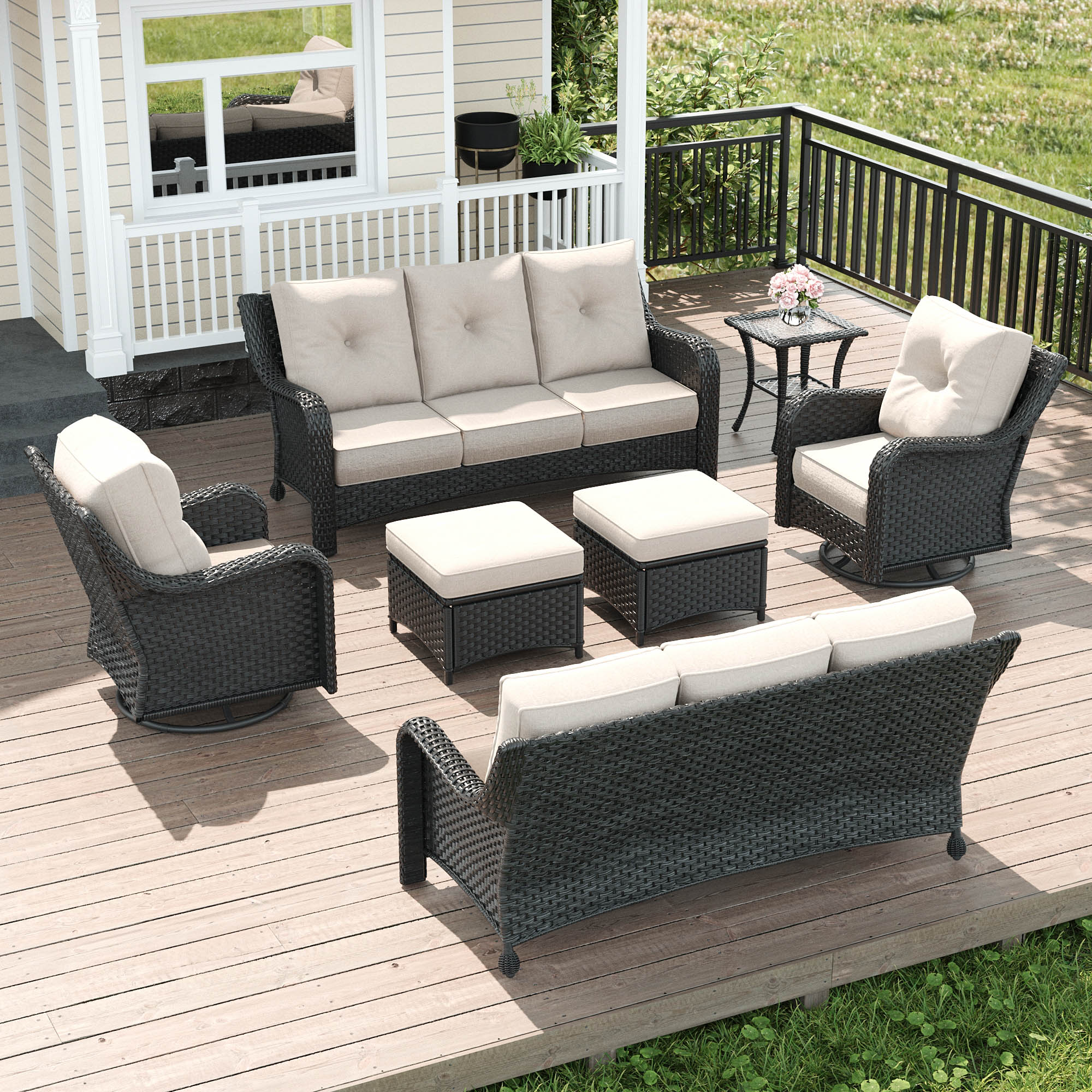 LayinSun BYT6005-7PWT-HE01 7 -Piece Outdoor Rattan Patio Conversation Set with Beige Cushions