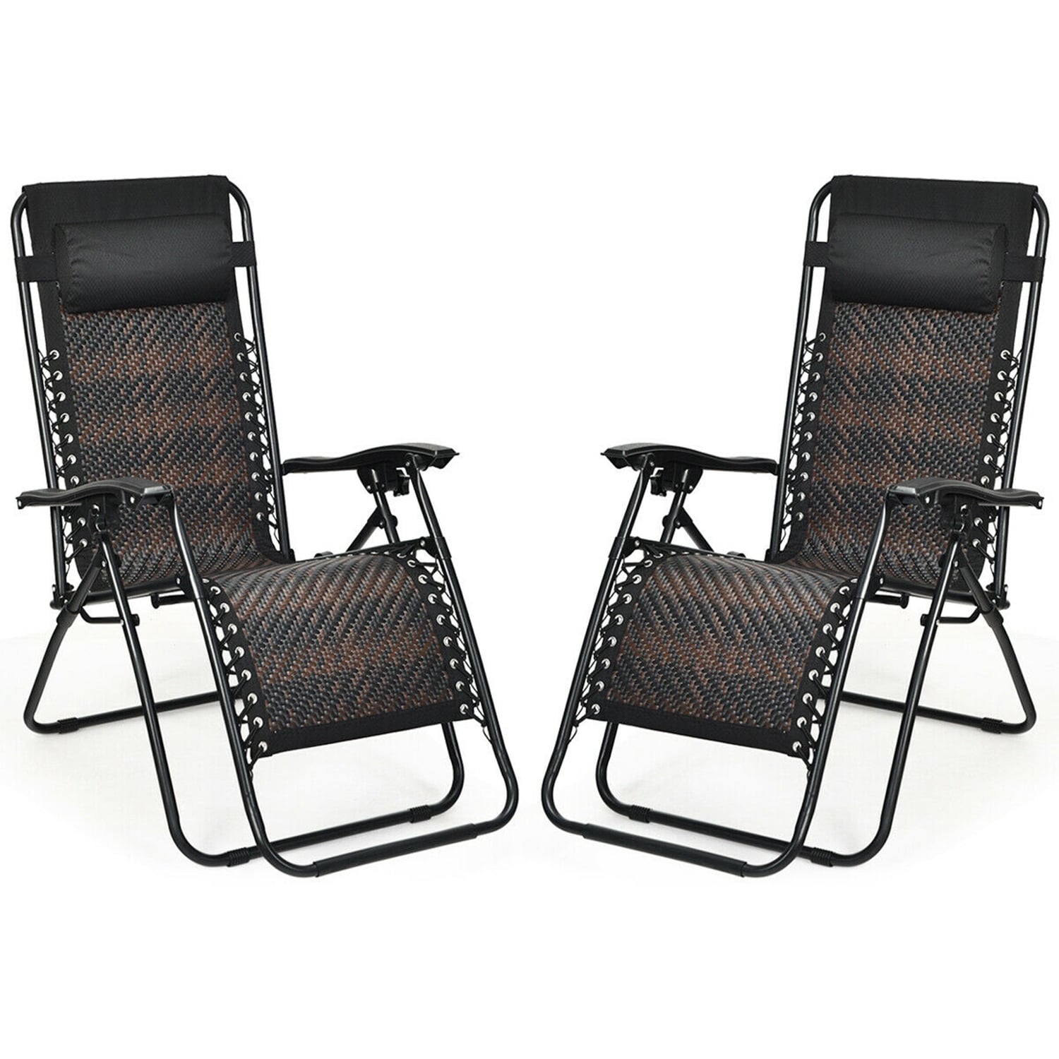 WELLFOR DCZ10061BK Set of 2 Stackable Black Steel Frame Stationary Chaise Lounge Chair with Brown Woven Seat