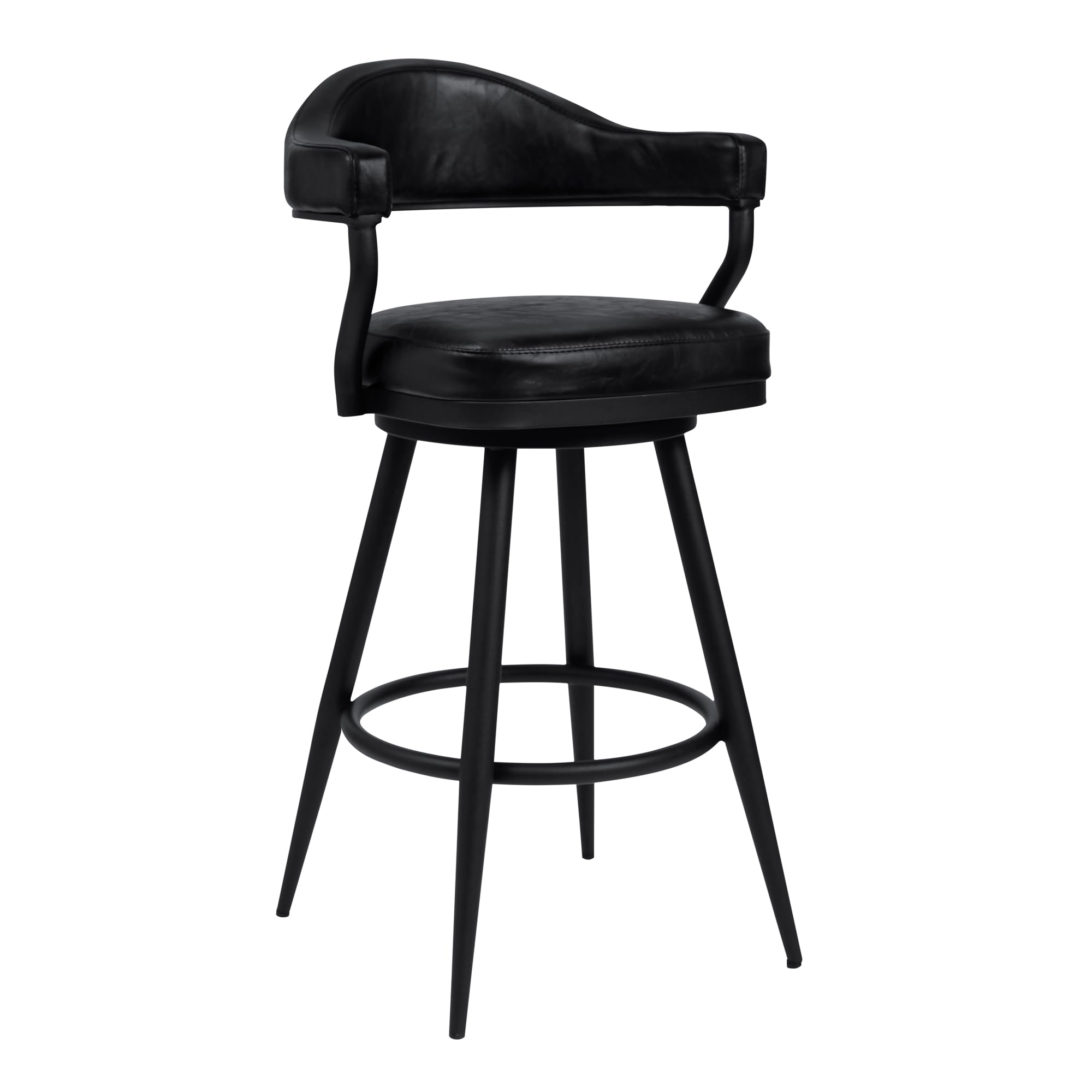 Armen Living 721535746972 Black Powder Coated Finish 30.0-in H Bar height Bucket seat Upholstered Swivel Metal Bar Stool with Arms