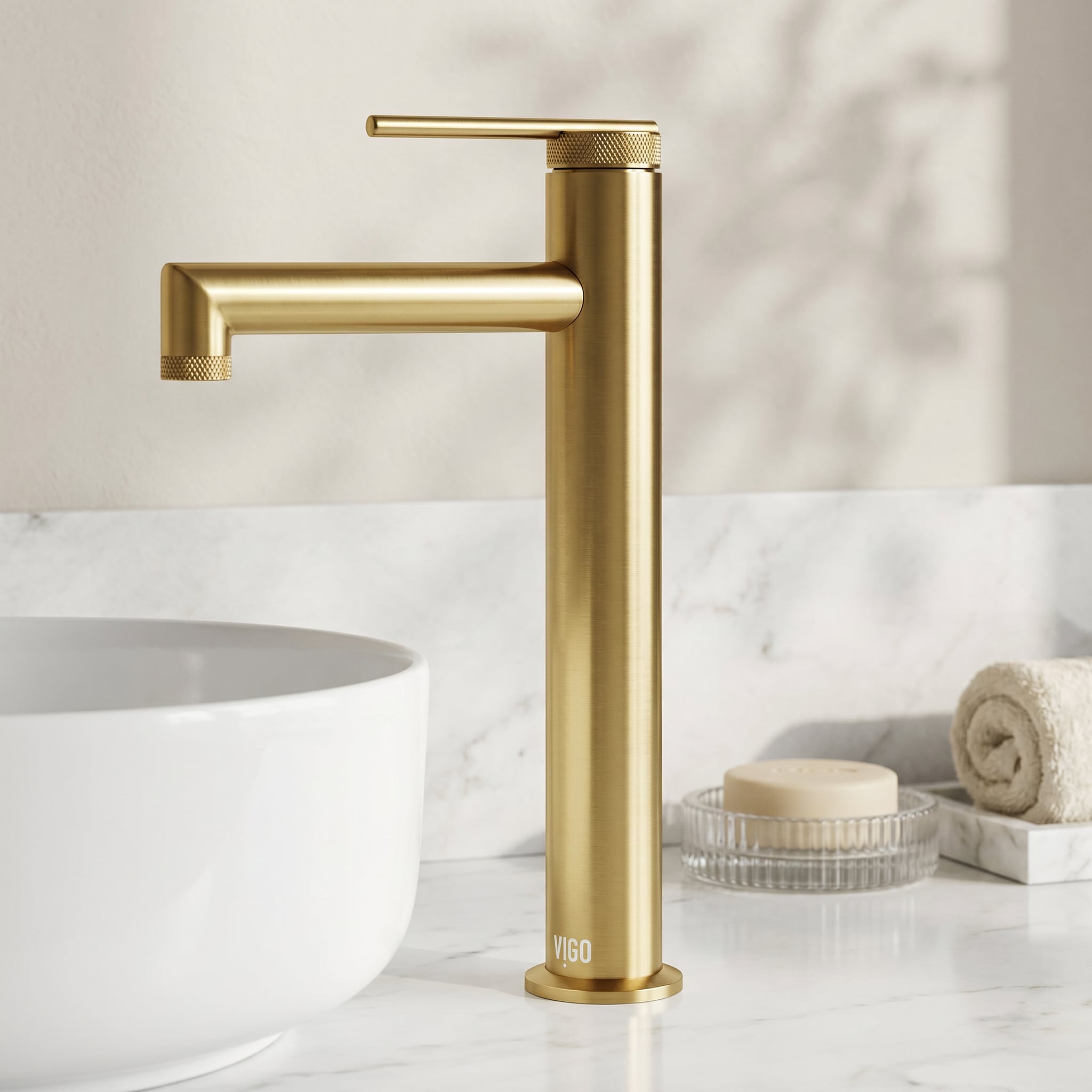 VIGO - Sterling Matte Brushed Gold Vessel 1-handle WaterSense High-arc Bathroom Sink Faucet