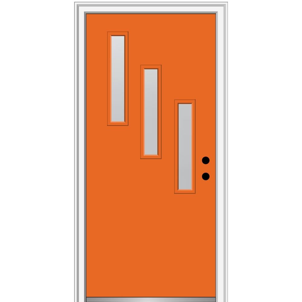 MMI DOOR ZZ347938L Spotlights 36-in x 80-in x 4-9/16-in Fiberglass Pulse lite Left-hand inswing Tangerine Painted Prehung Front Door with Brickmould Insulating core