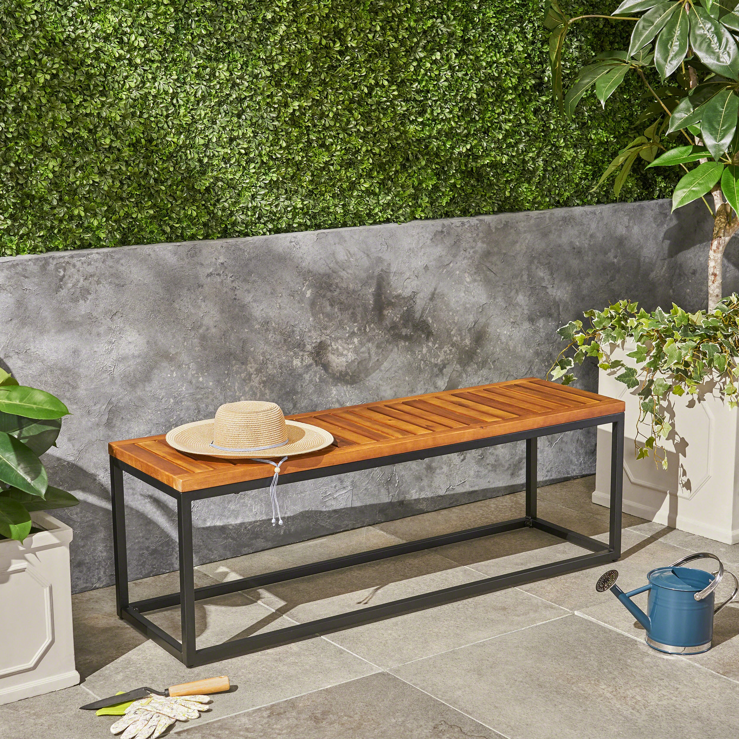 Christopher Knight Home Jeco Industrial Outdoor Acacia Wood and Metal Bench - Teak Finish and Black