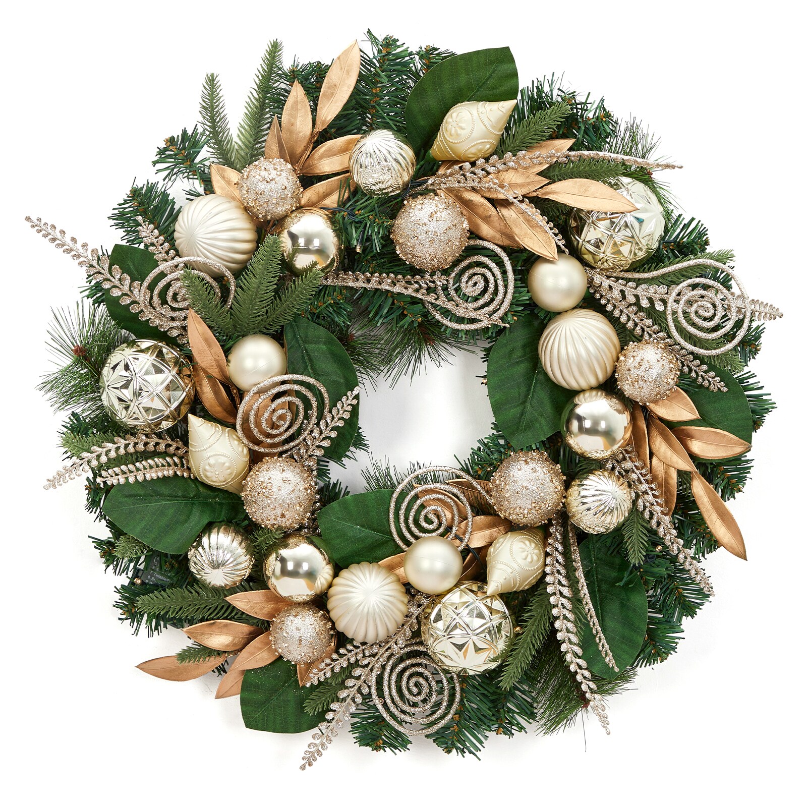 GMC Pre-Lit Christmas Wreath for Front Door 24 Inch Large Christmas Wreath with 20 LED Lights Artificial Xmas Wreath with Gold Leaves  Balls and Ornaments for Fireplace  Outdoor  Window
