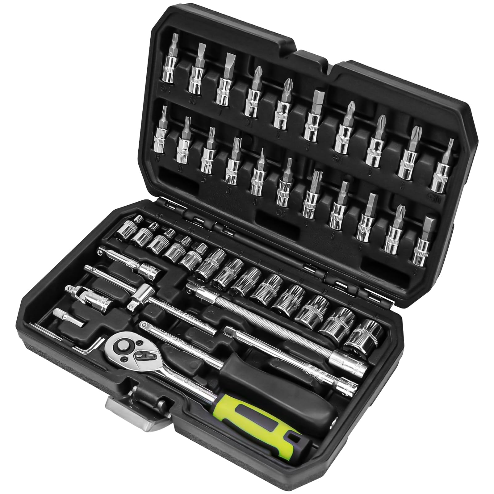 AOIZGMY  46 Piece Quarter Inch Drive Industrial Grade Socket Ratchet Wrench Set Metric Bit Sockets Extension Bar for Auto Repair Home Thickened