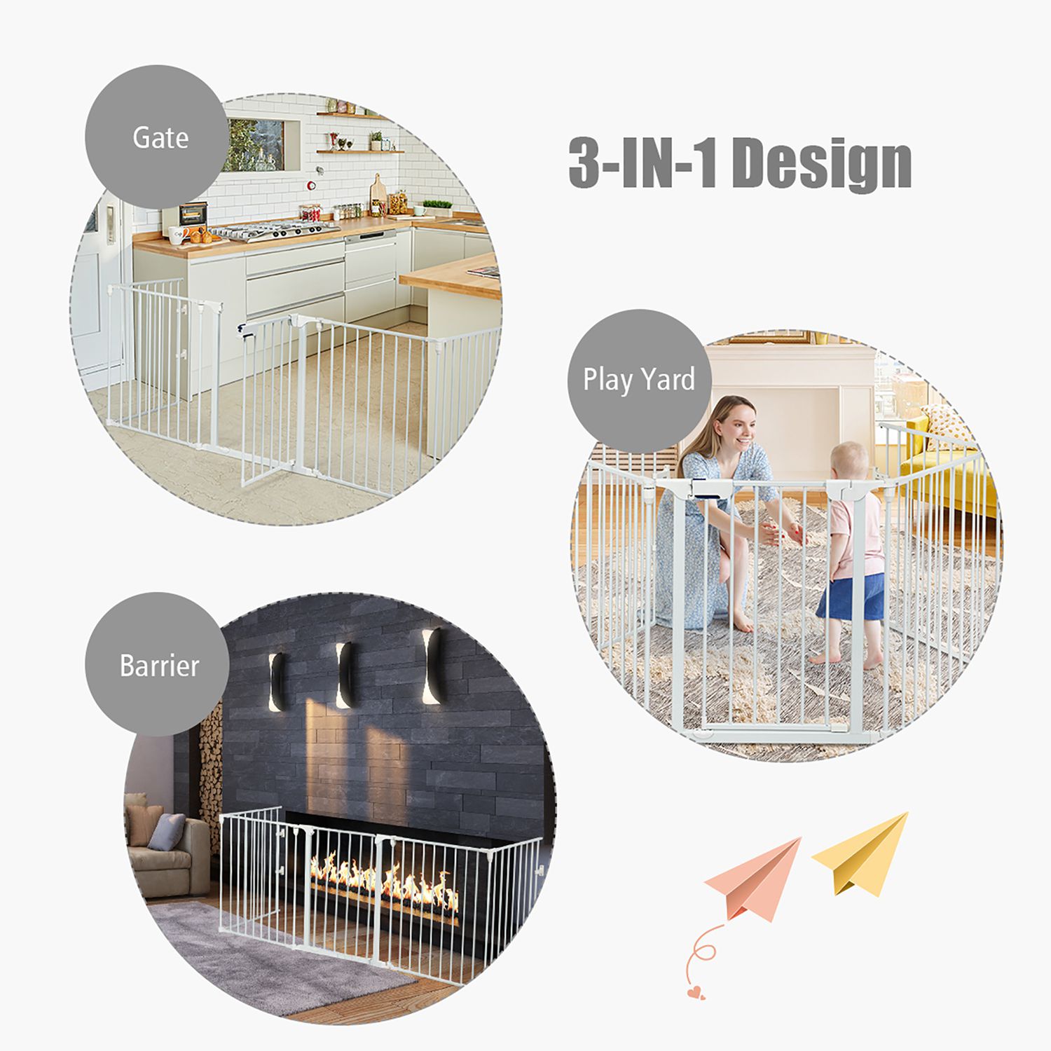 6-Panel Fireplace Safety Fence Pet Gate 5-in-1 Metal Play Yard for
