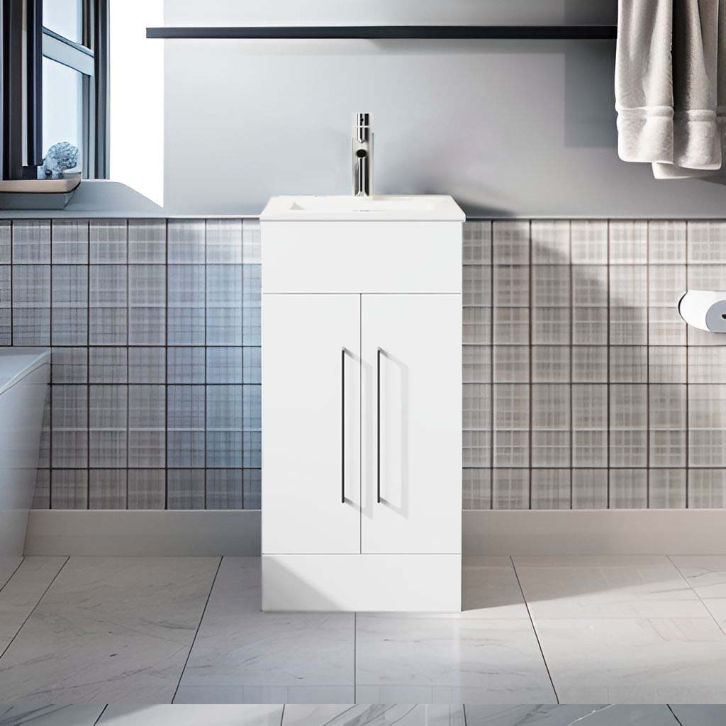 GDFStudio Goodyo 16 in. Modern Freestanding Bathroom Vanity with Drop In Ceramic Sink Rounded Safe Corner and Metal Handle - White