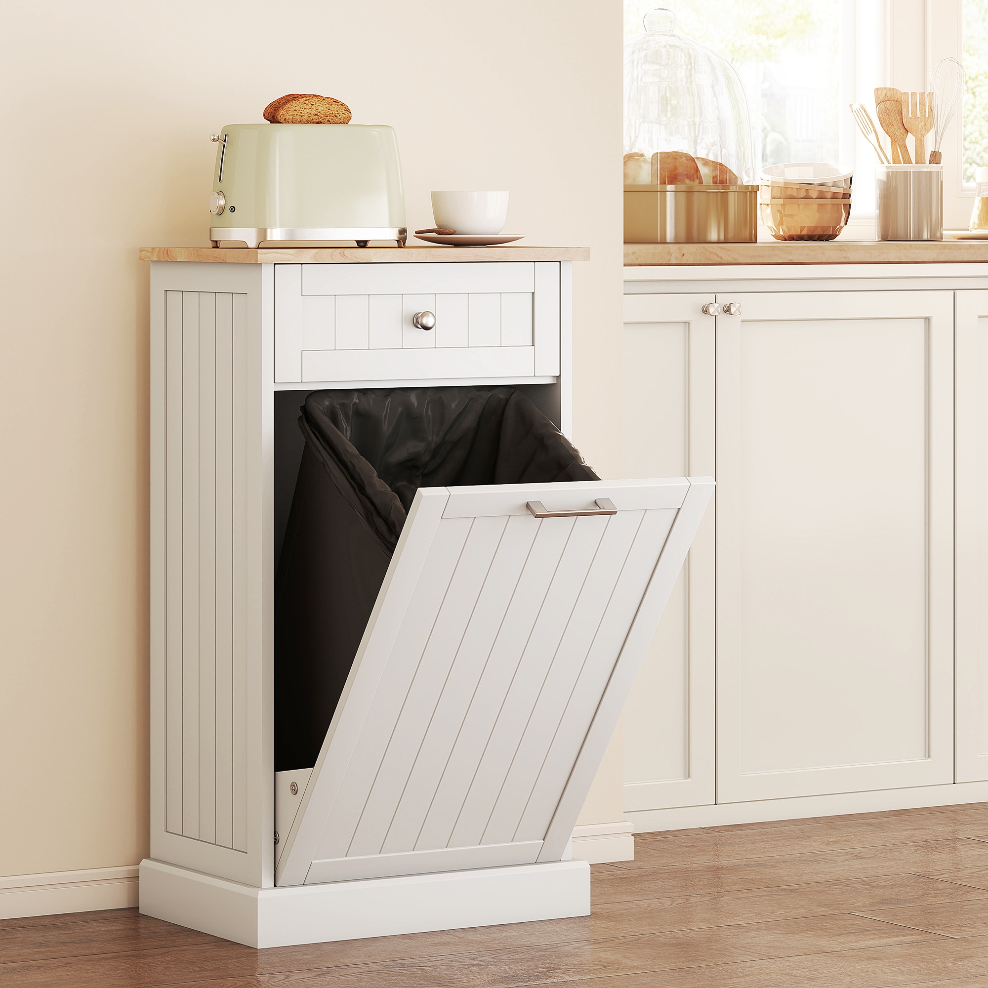 HomCom  Kitchen Tilt Out Trash Bin Cabinet Free Standing Recycling Cabinet Trash Can Holder With Drawer White