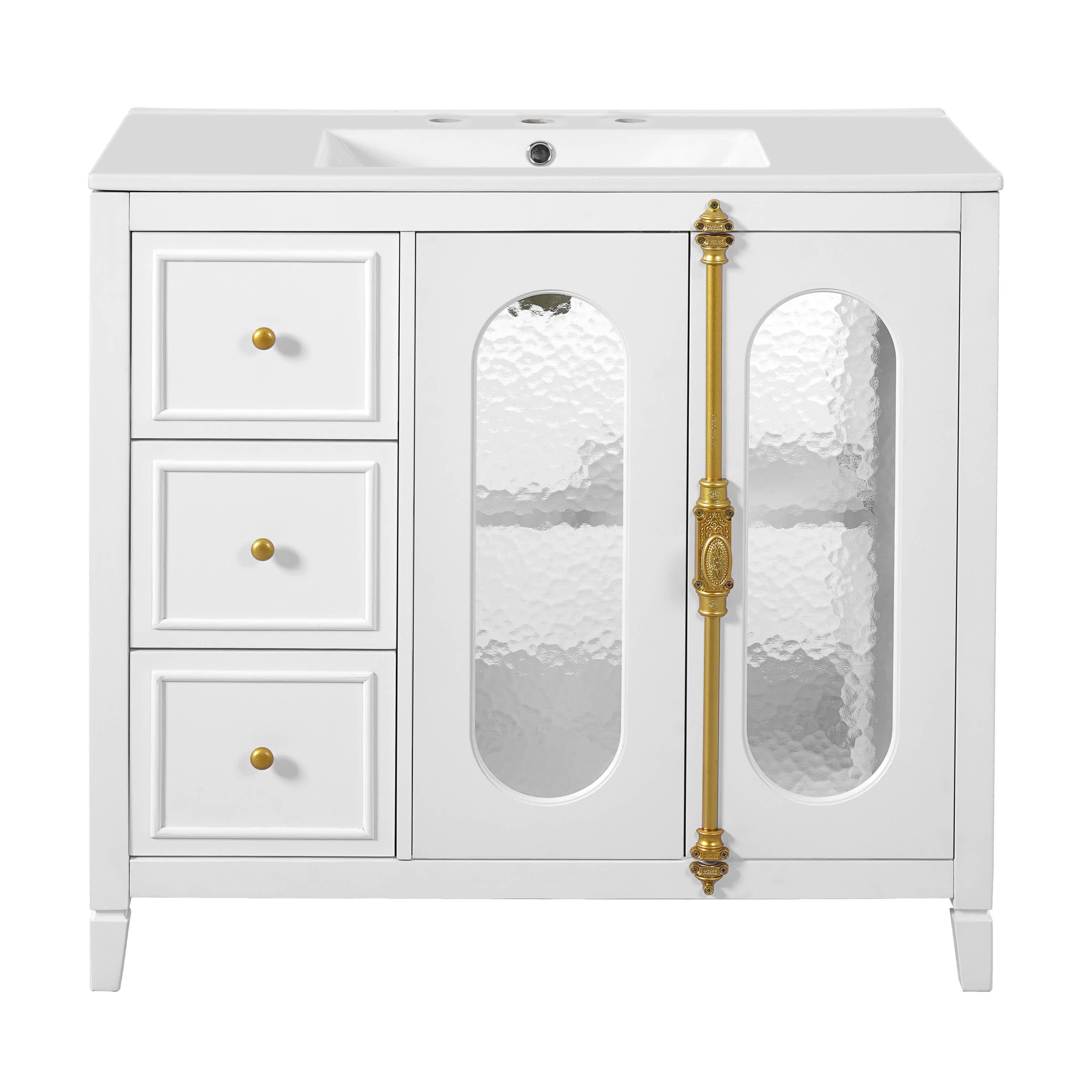 Vynxaria LEXY1346-DJYS-SZT116 36 in 1 Freestanding White Bath Vanity with White Ceramic with 2 Soft Close Doors with 3 Drawers