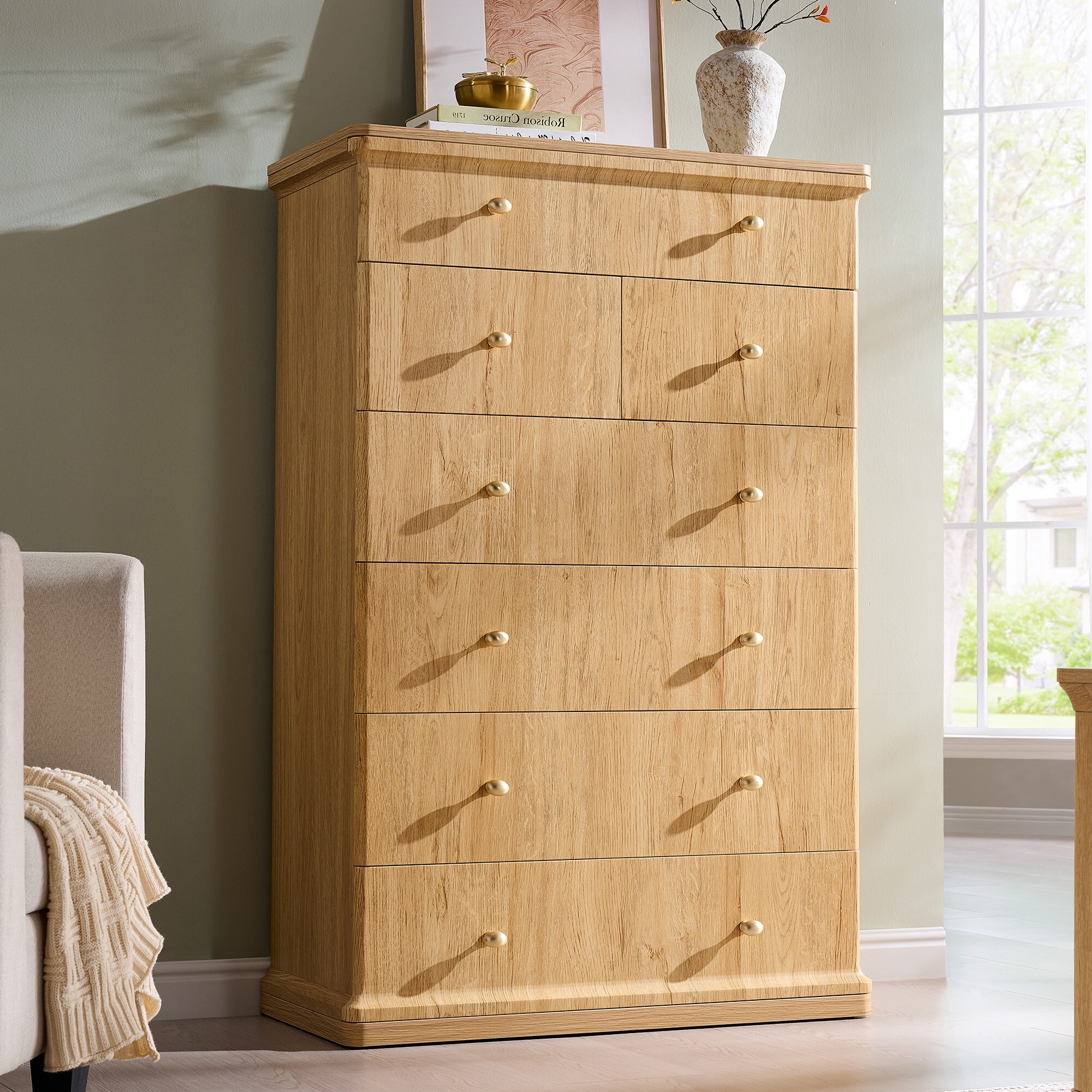 OKD Natural 7 Drawer Tall Chest of Drawers with Gold Knobs Bedroom Curved Edge Storage Dresser in Yellow