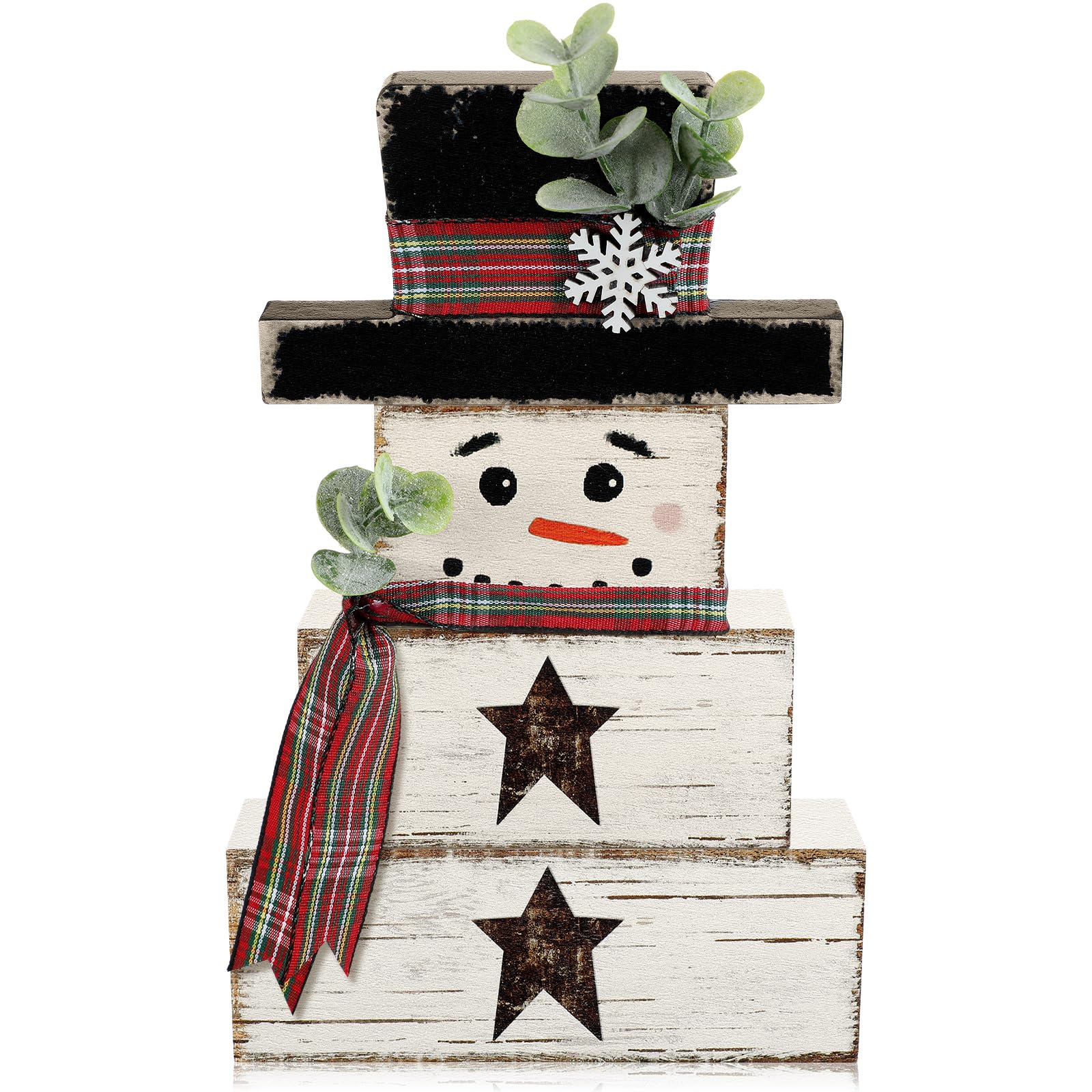 Oyezvary  4 pcs Snowman Wooden Table Decorations Rustic Block Signs Farmhouse Winter Centerpiece Tiered Tray Ornaments Vintage Tabletop Decor for