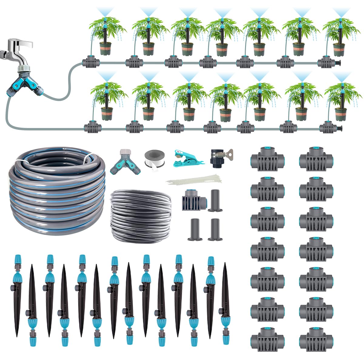 Etokfoks  98 ft drip irrigation system kit with 65 ft 12 mm main pipe 33 ft 6 mm branch pipe quick connectors and adjustable nozzles