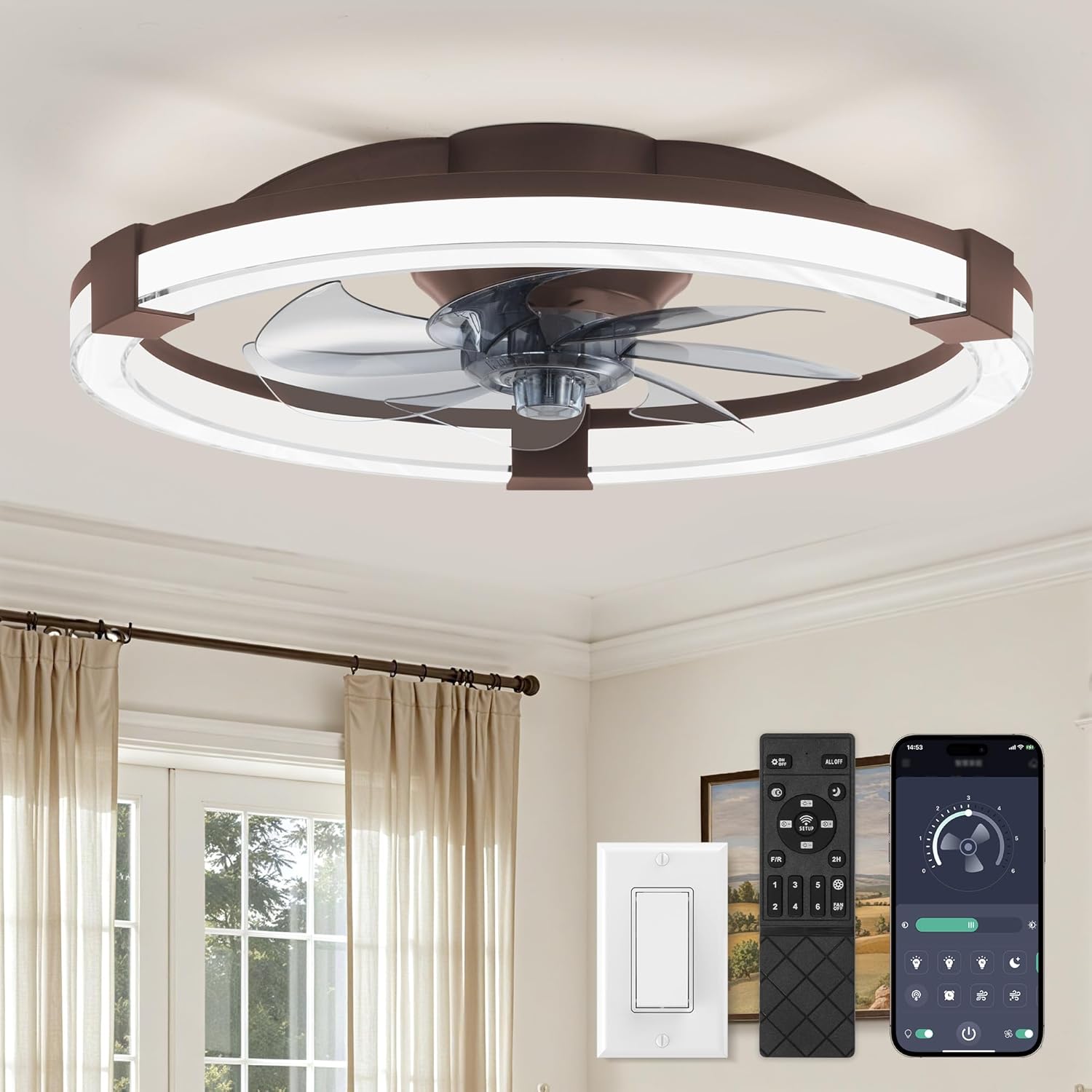 LEDIARY 20 Inch Low Profile Ceiling Fan with Lights Remote 6 Speeds Reversible Dimmable Flush Mount Modern Fandelier for Bedroom Brown