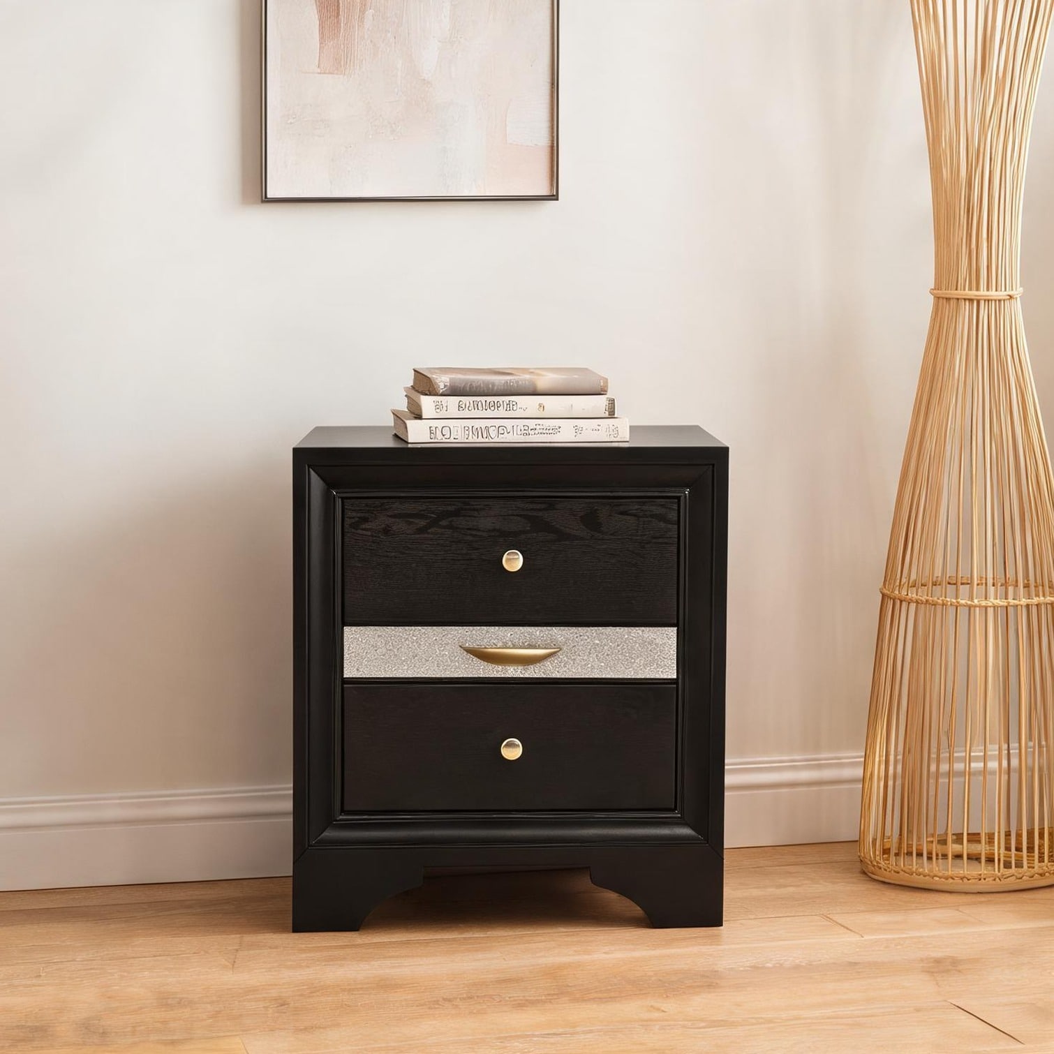 2-Drawer Acacia Wood Nightstand with Full Extension Storage Deep Black Traditional Rectangular Profile