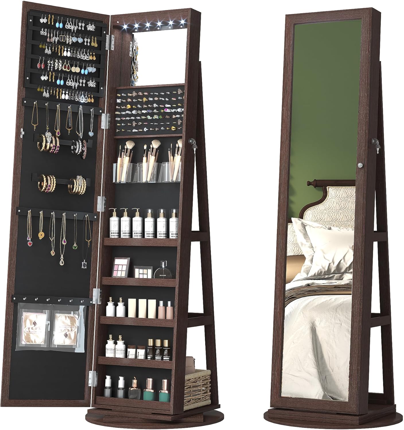 Vlsrka - Arched 360 Swivel Jewelry Mirror Cabinet Standing Armoire with 6 LED Lights Lockable St...