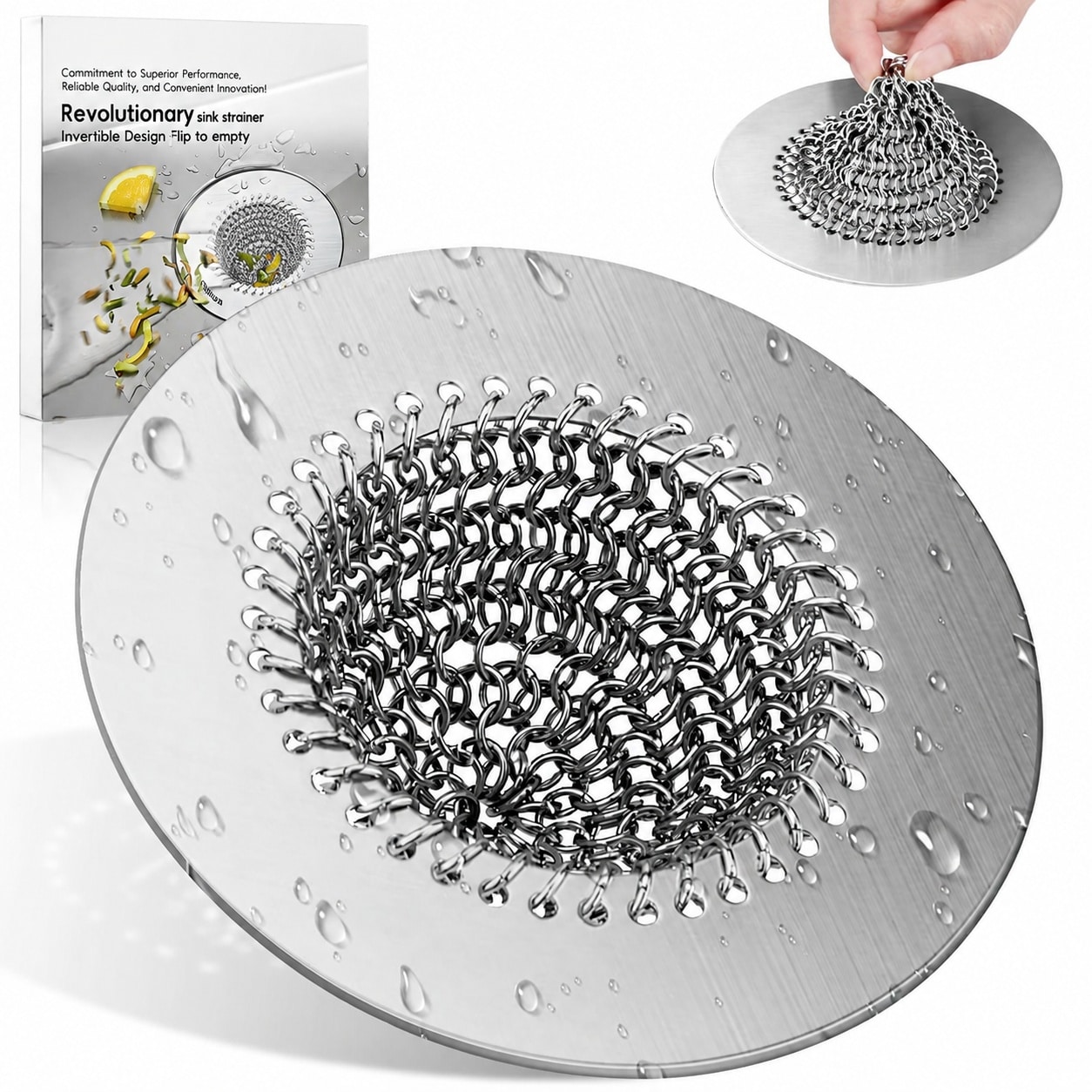 Phewnyzo  Reversible Anti Clog Mesh Sink Drain Strainer 304 Stainless Steel Screen Easy Clean Large Basket Fits Standard Kitchen Bathroom Garbage