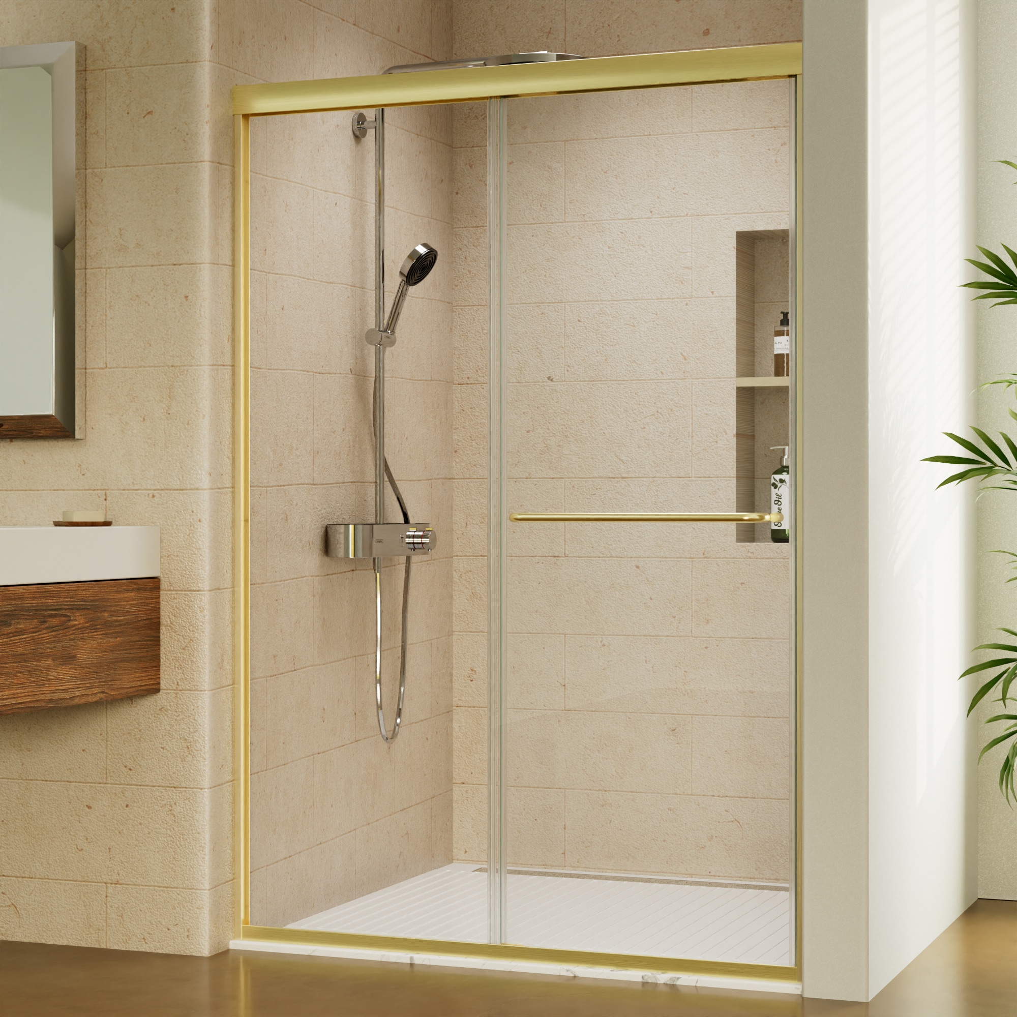 ES-DIY Brushed Gold 44-in to 48-in W x 70-in H Framed Clear Glass ...