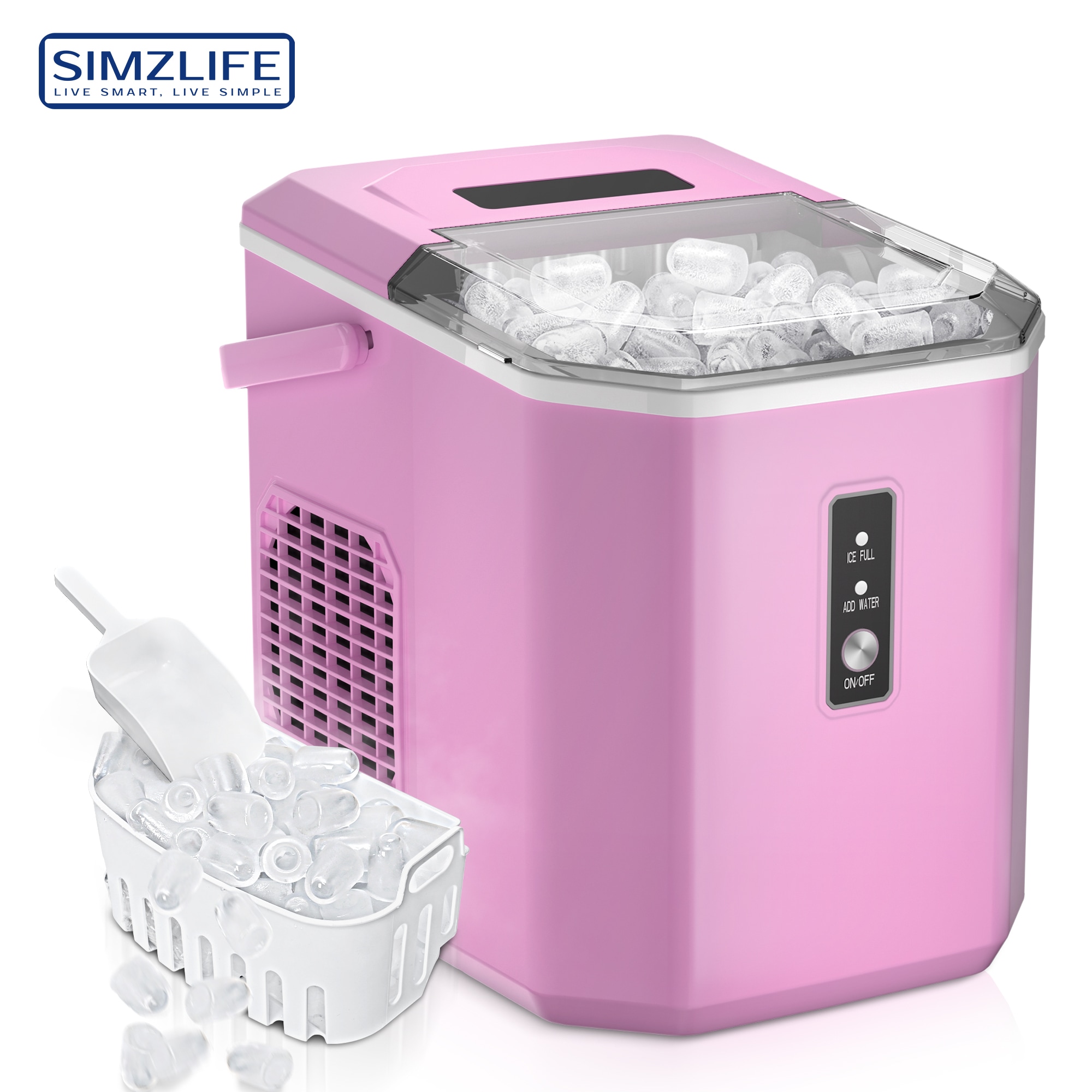 SIMZLIFE IM011-BPK-S-LS-SC 35lbs/24H Nugget Countertop Ready in 8 Mins with Self-Cleaning/ Ice Scoop and Basket in Pink