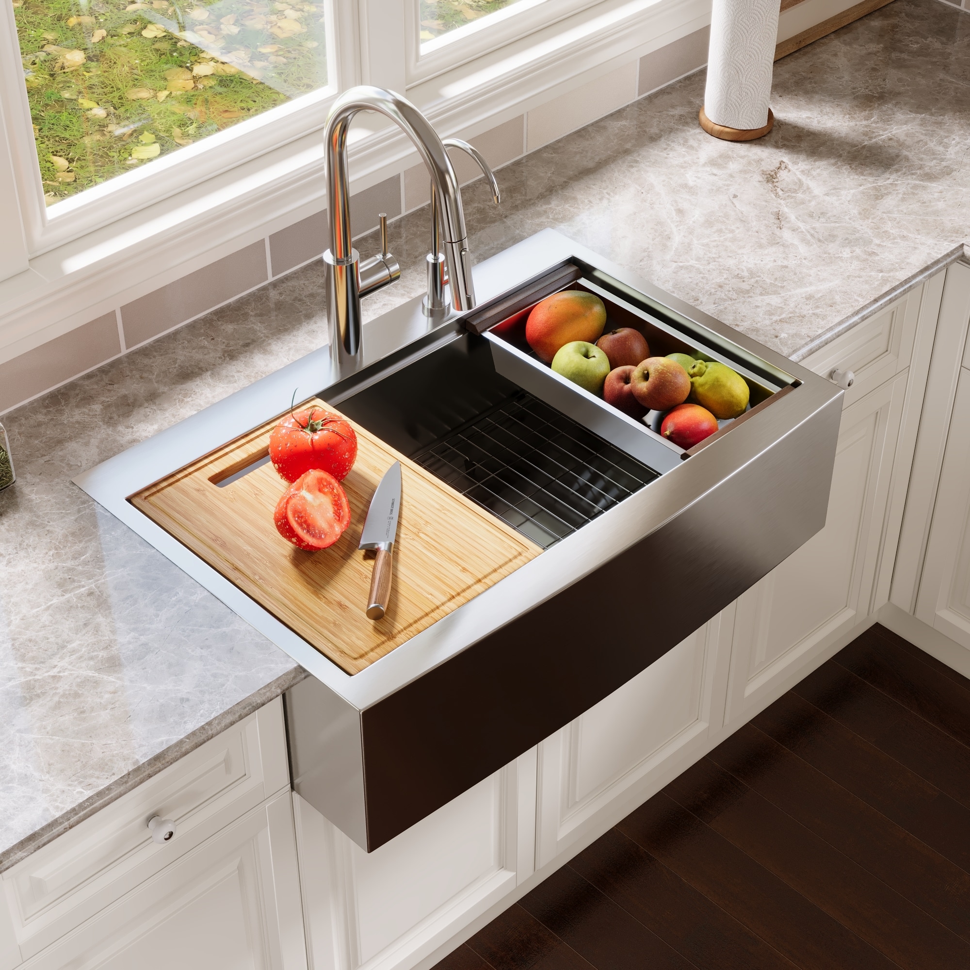 DeerValley Farmhouse apron front 32.99-in x 22.24-in Stainless steel Single bowl Workstation Kitchen Sink with Drainboard