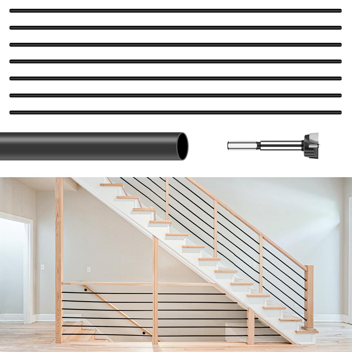 Afoxsos  7 Pack 4.7 FT by 5/8 inch Iron Stair Balusters Round Horizontal Bar Baluster Matte Black Hollow Stair Baluster for Indoor Staircase