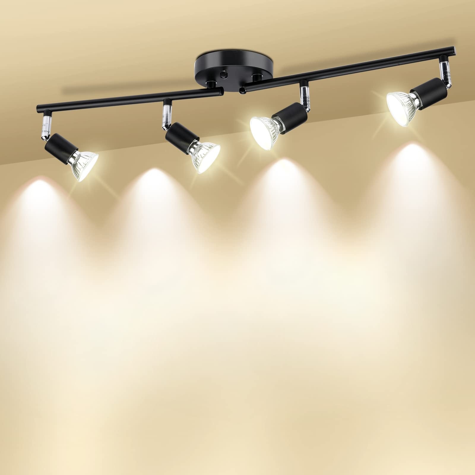 Vrbgify  4 Head Matte Black Adjustable Ceiling Track Lighting Kit with GU10 Sockets Foldable Arms for Kitchen Living Room 24.8 in 1 Kit