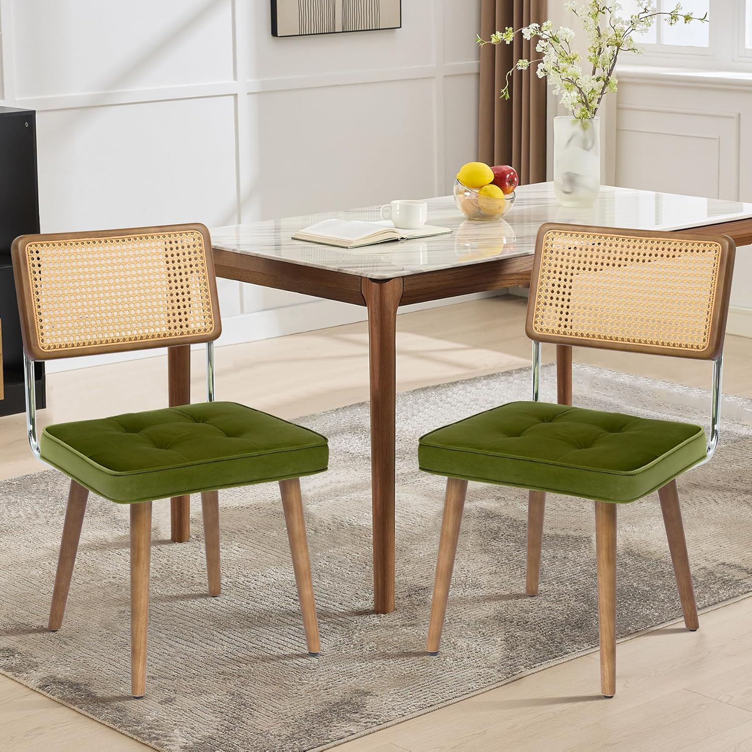Qeetex PHK-34594FUW-HNN Set of 2 Green PU Leather Natural Rattan Dining Chair with Upholstered Seat and Solid Wood Back
