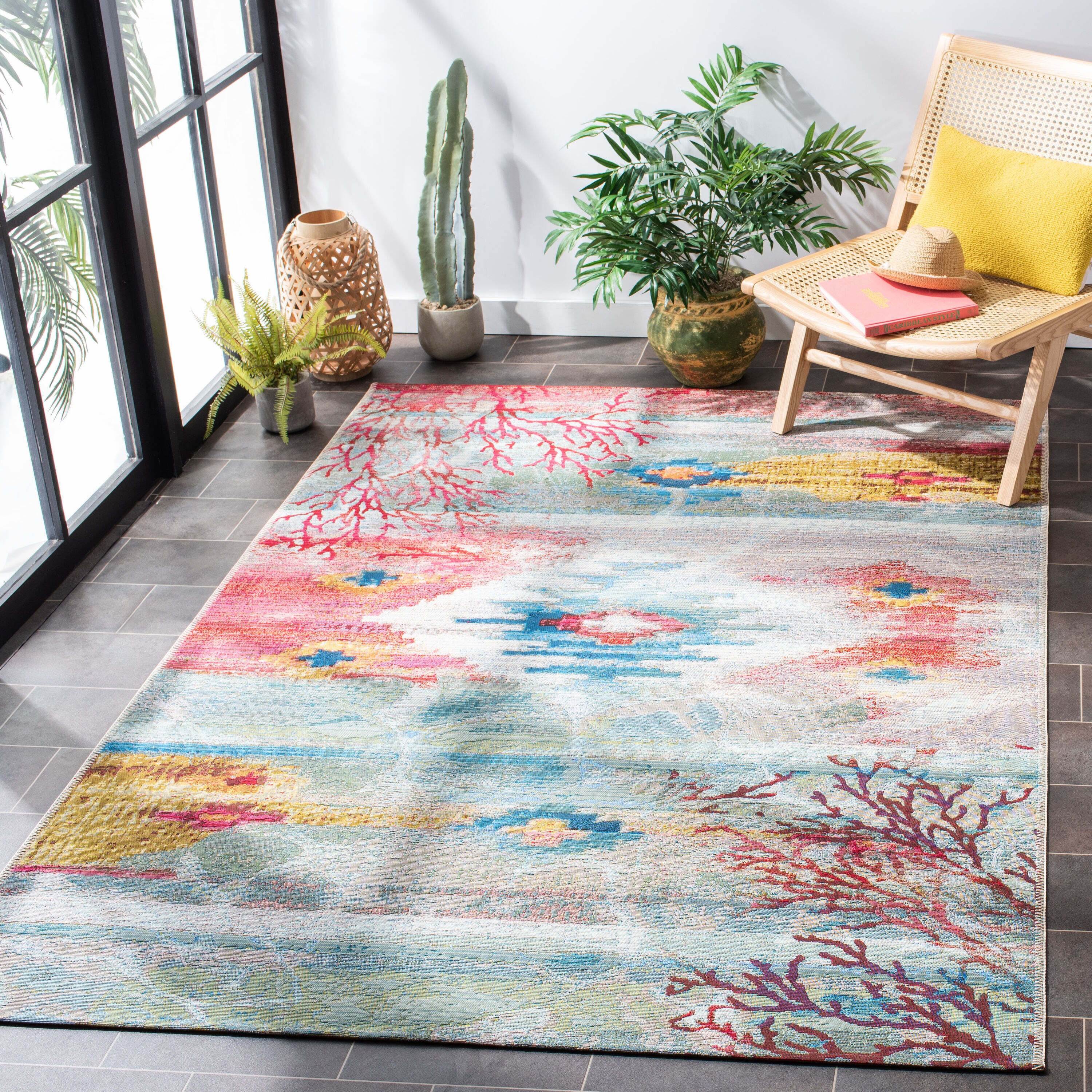 Layla Barbados Light Blue & Pink 8'x10' Synthetic Outdoor Rug