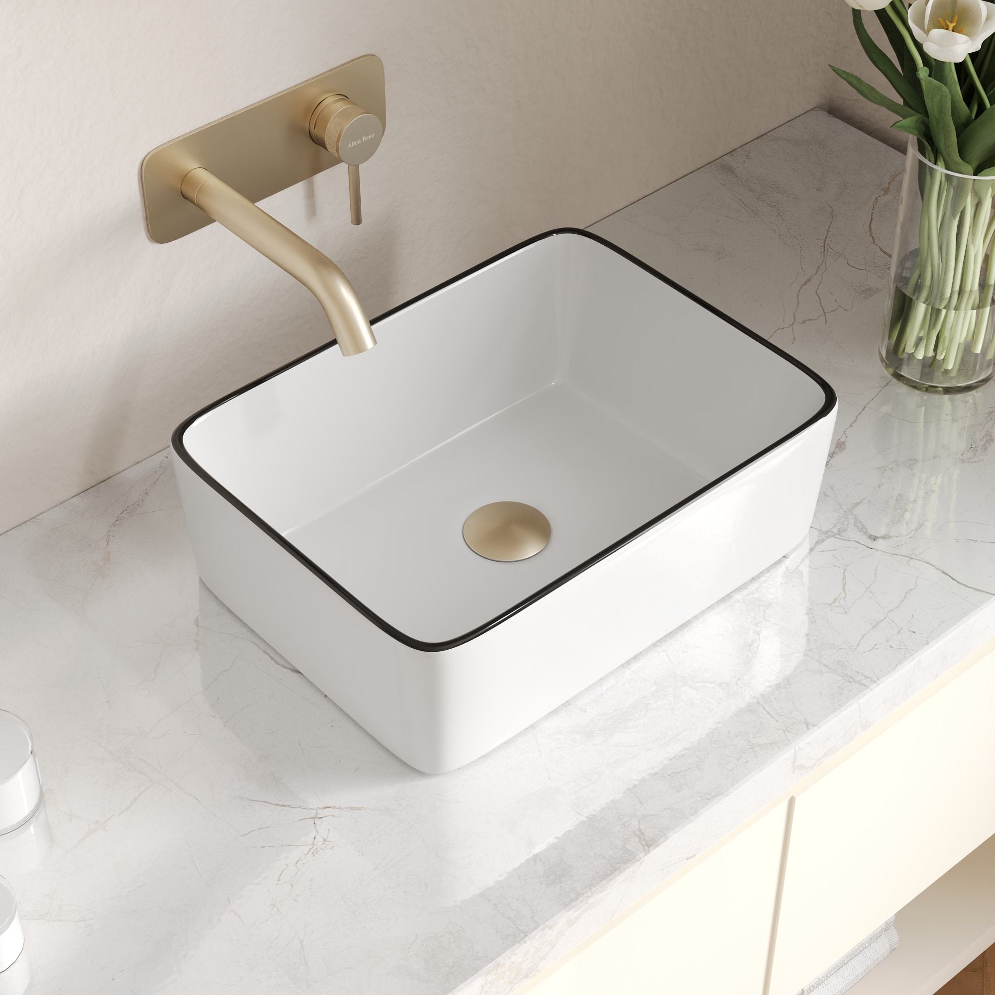 DeerValley DV-1V0317 Ceramic 12.17-in Vessel Rectangular Modern White with Black Rim Bathroom Sink