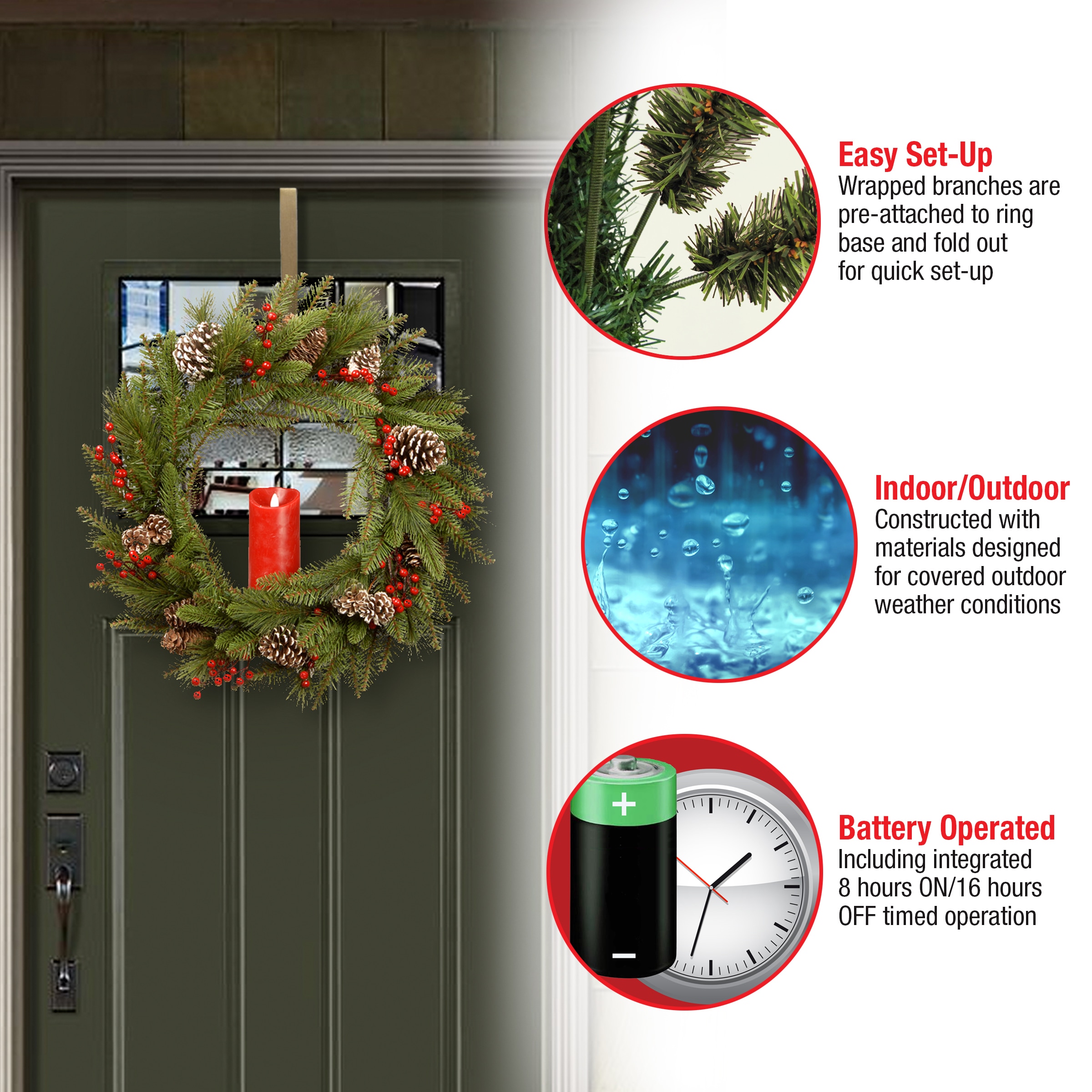 Bristle Berry Pine 24" Artificial Christmas Wreath with Flickering Candle
