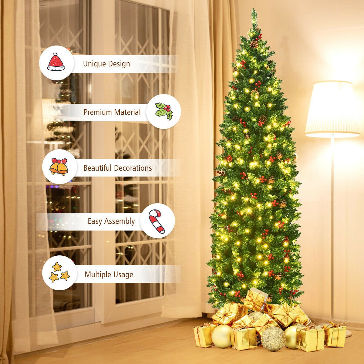 6.5ft Pre-Lit Slim Green Fir Christmas Tree with Pine Cones and Berries