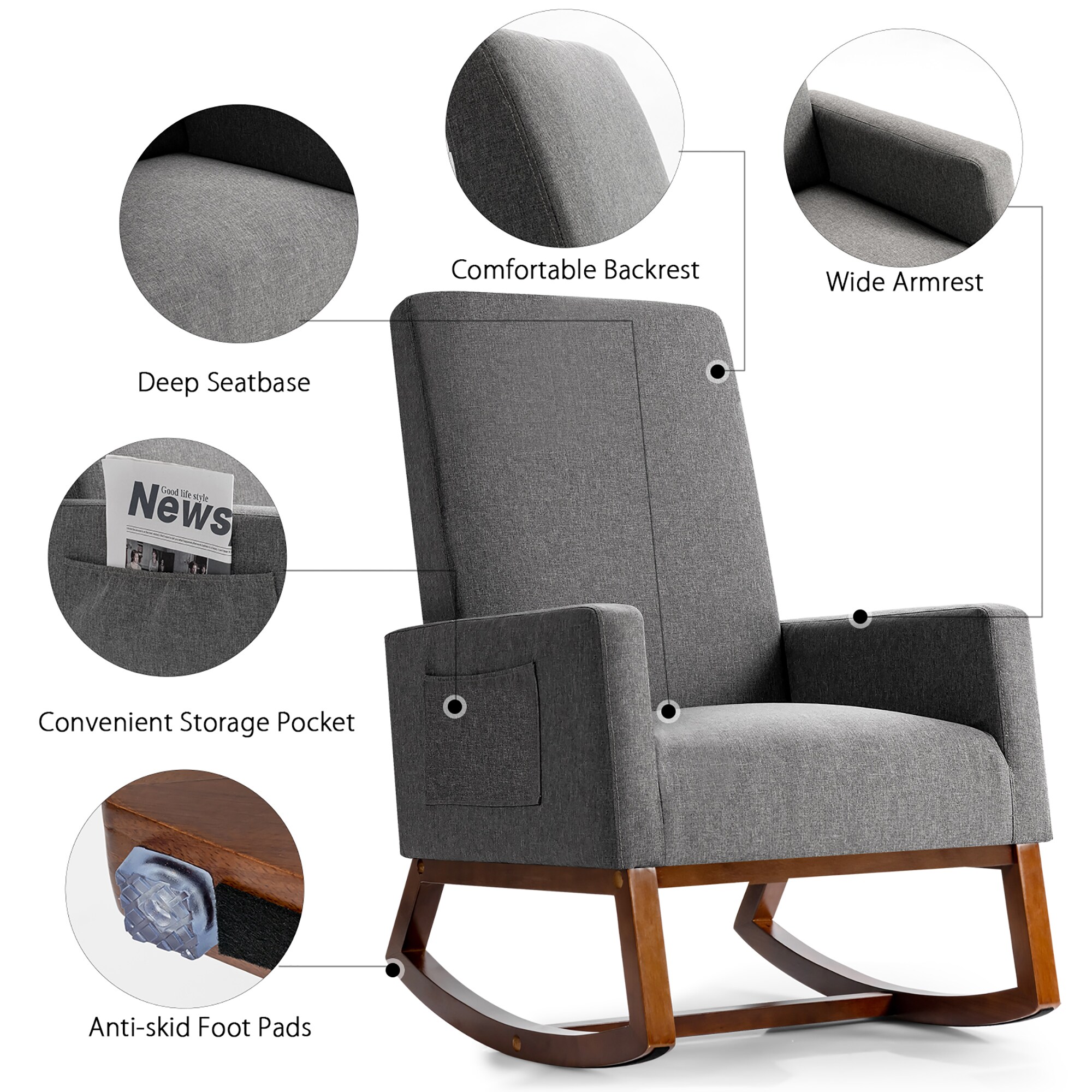 Ready Rocker Portable Rocking Chair, Modern Faux Leather, Carbon 