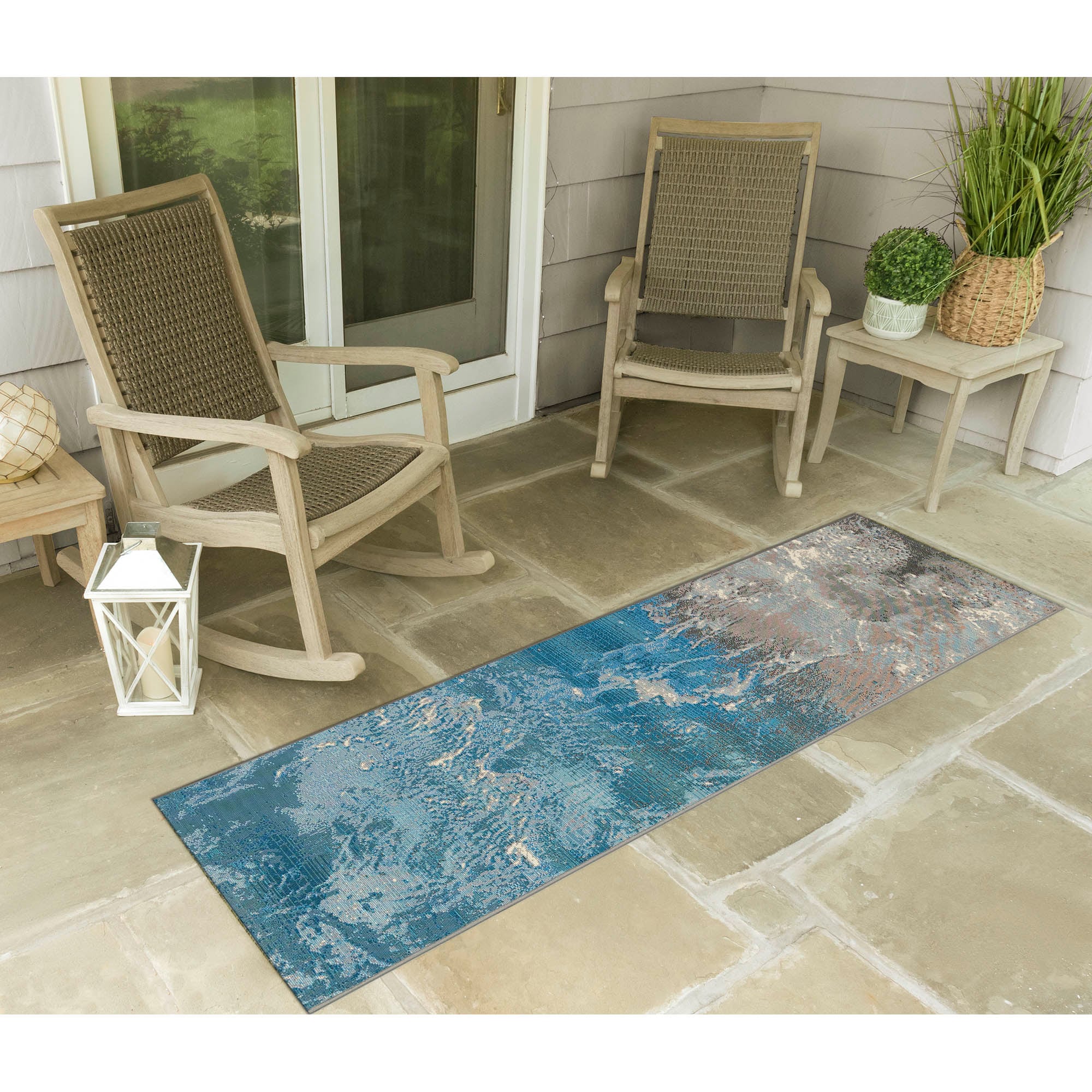 Gray and Blue Abstract Flat Woven Synthetic Runner Rug