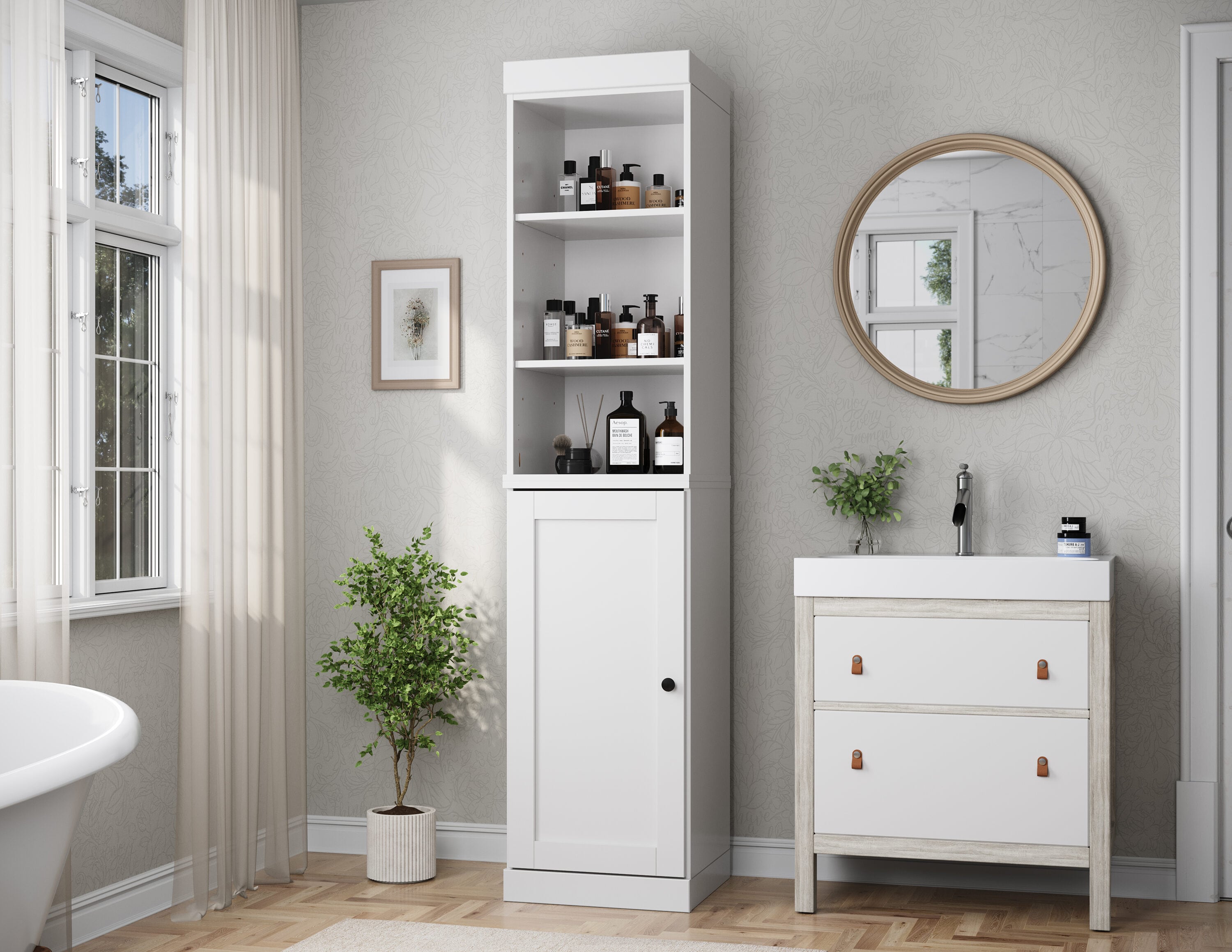 Palace Imports 16.5-in W Solid Wood Tall Modular Bathroom Linen Storage Cabinet with Open Shelves Shaker Door Adjustable Shelves