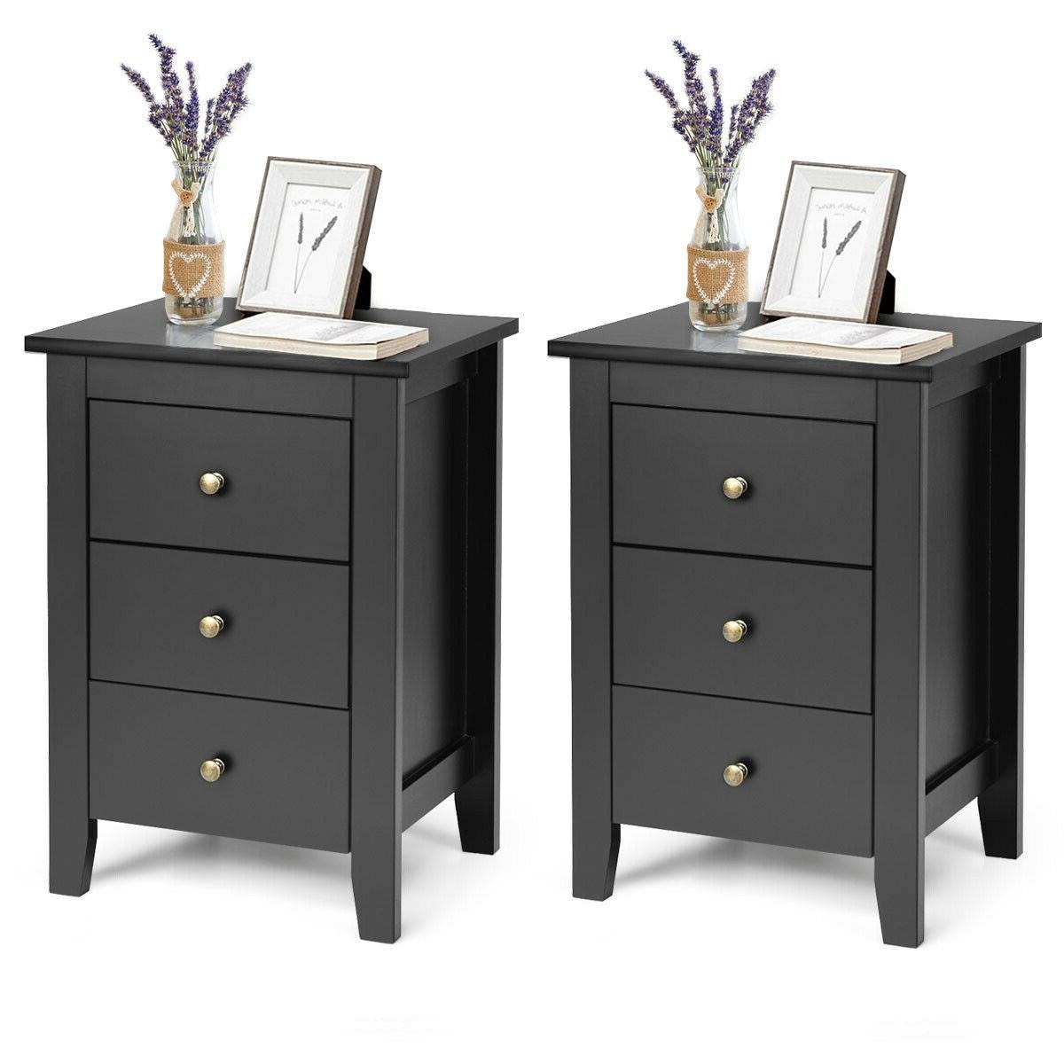 Slickblue D-CO-2-KB31316WH Set of 2- White/ Black Finish Chipboard and MDF Nightstand with 3 Drawer Storage for Bedroom Living Room Hallway