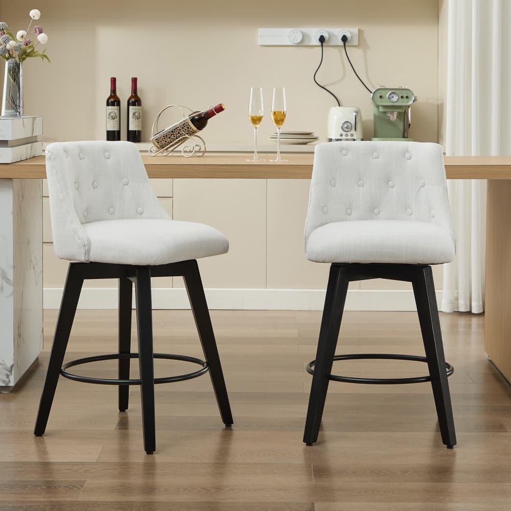Maison Boucle HILO-COUNTER-BEIGE Set of 2 White Swivel Counter Height Bar Stools  with Tufted Back and Wood Frame for Kitchen Island