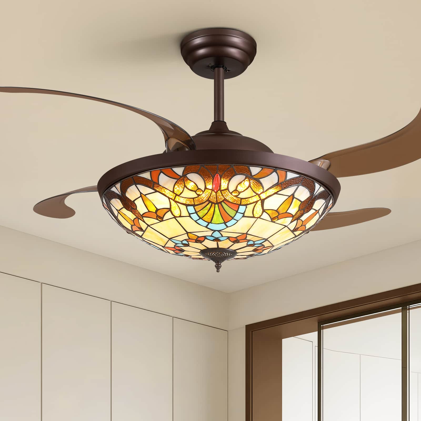 Liwidu  52 in Coffee Tiffany Baroque Invisible Ceiling LED Fan Light with Dimming and Reversible