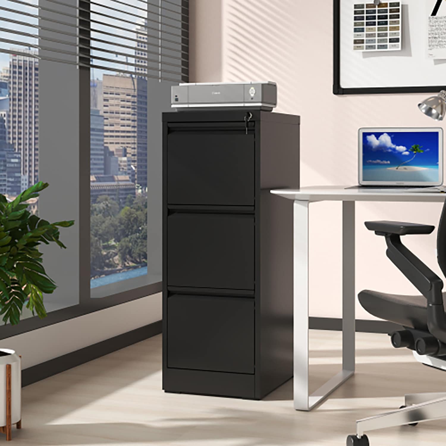 Black Steel 3-Drawer Lockable Vertical File Cabinet