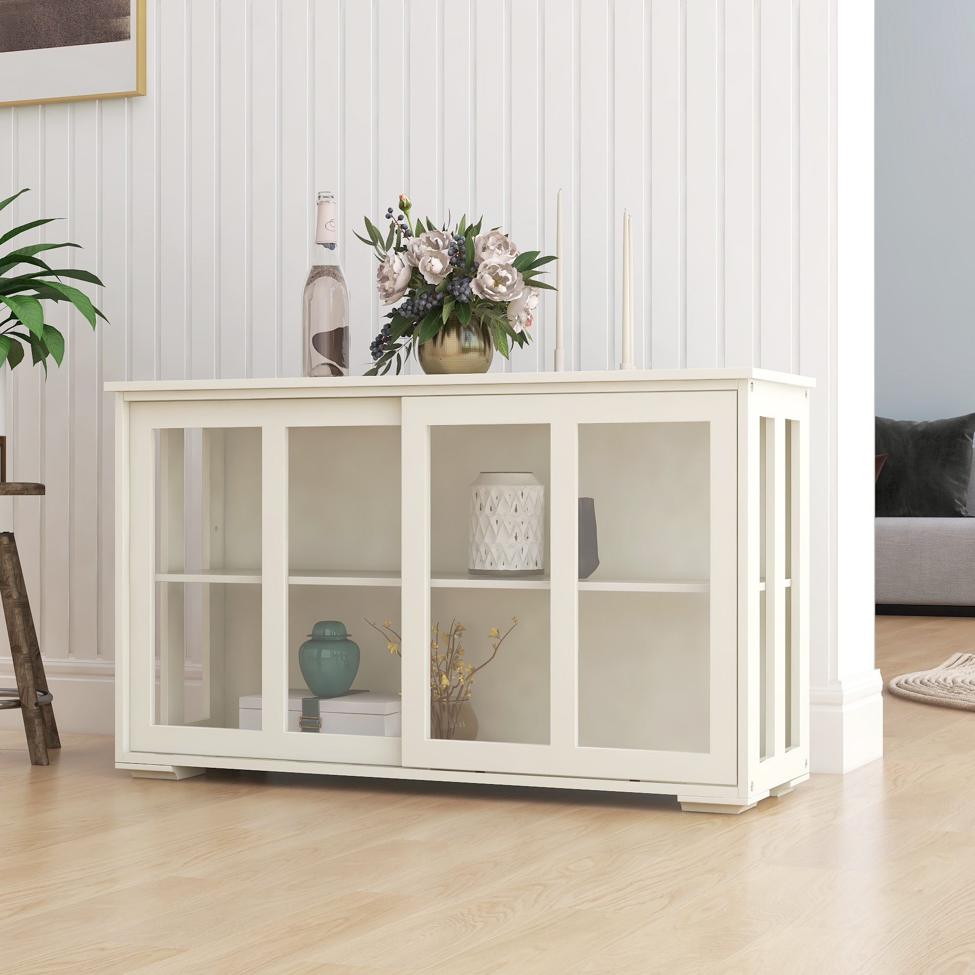 LOVMOR - Kitchen Storage Stand Cupboard With Glass Door White