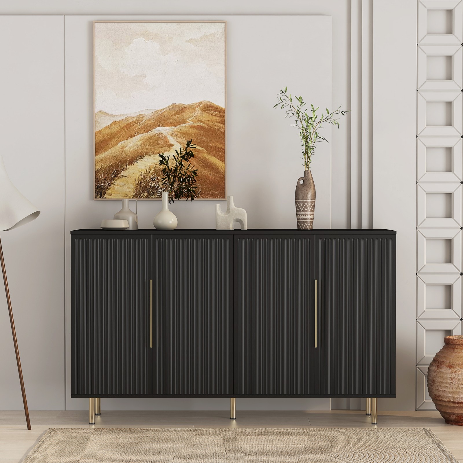 GlasFlength Modern Fluted Buffet Cabinet with Ample Storage Large Freestanding Sideboard Credenza Accent Cabinet Console Table Featuring Adjustable Shelves for Indoor Home Decoration Black #LW-SSB-414