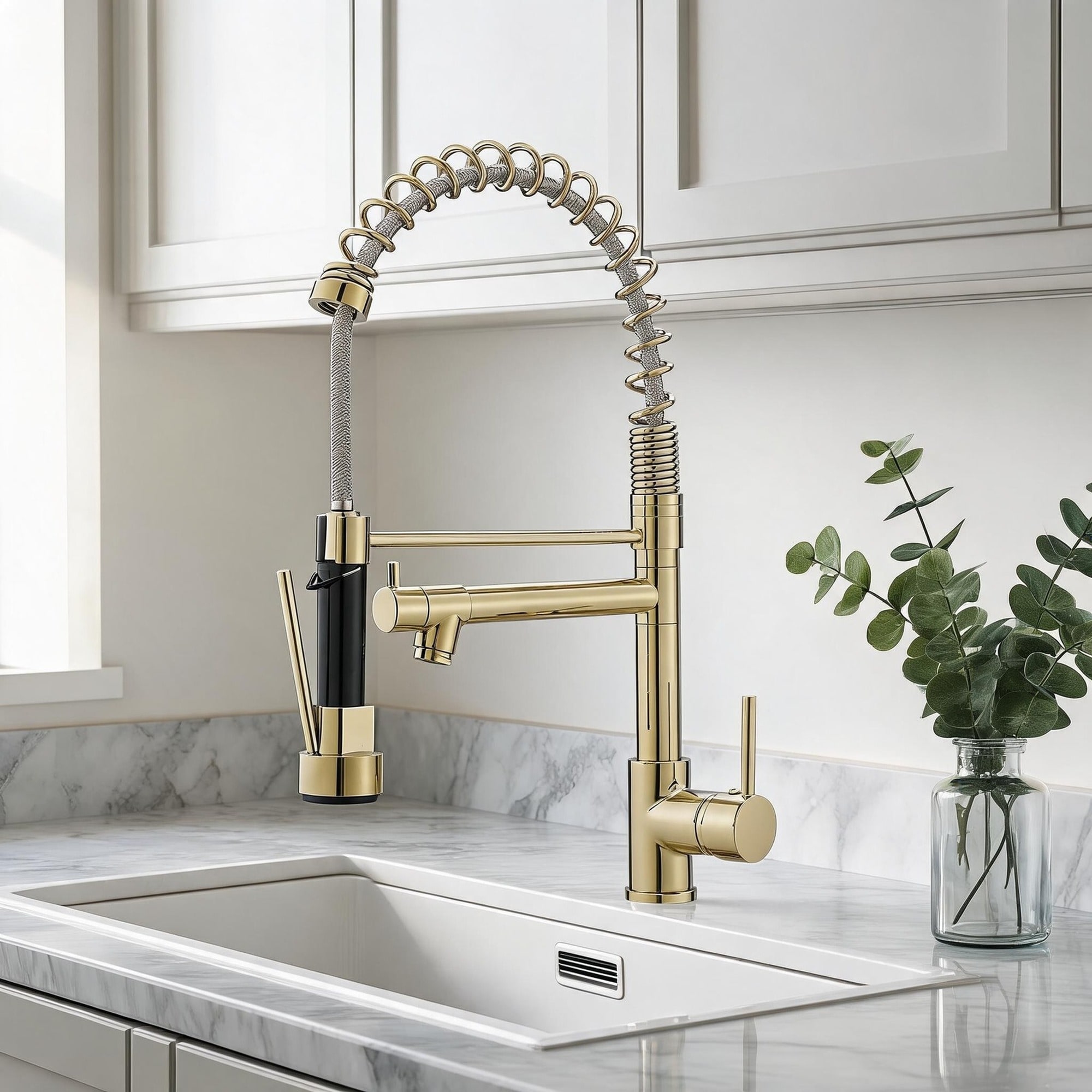 IAK Gold Brass Commercial Kitchen Faucet with Pull Down Sprayer and Single Lever Handle