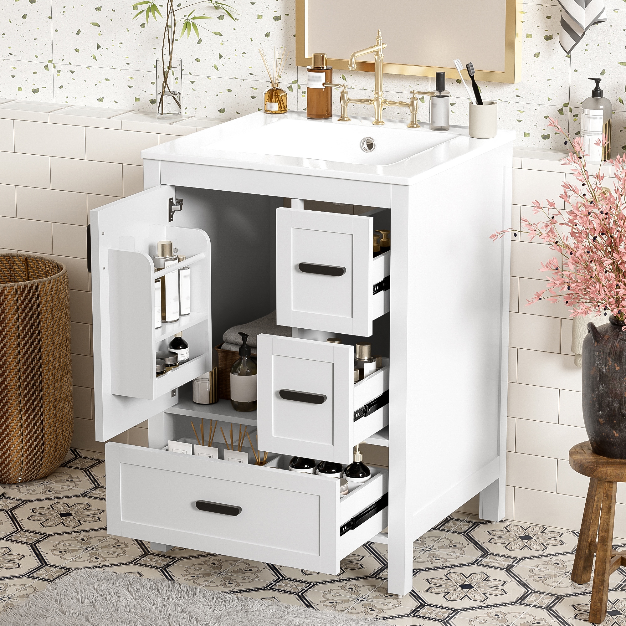 Tahanbath Modern 24-inch Bathroom Vanity with Ceramic Sink Soft-Close Door Double-Layer Door Shelf and 3 Drawers