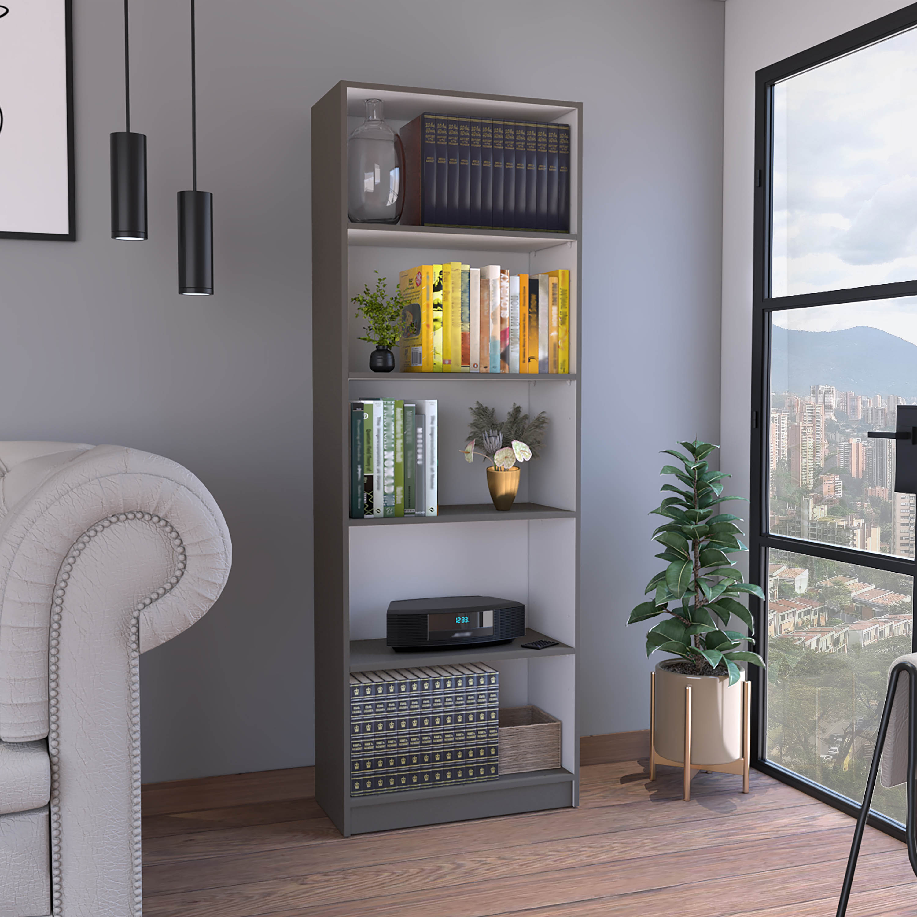 LOVMOR SF-Y-B097P167417 Vinton 4-Tier Bookcase with Modern Storage for Books and Decor Matt Gray White