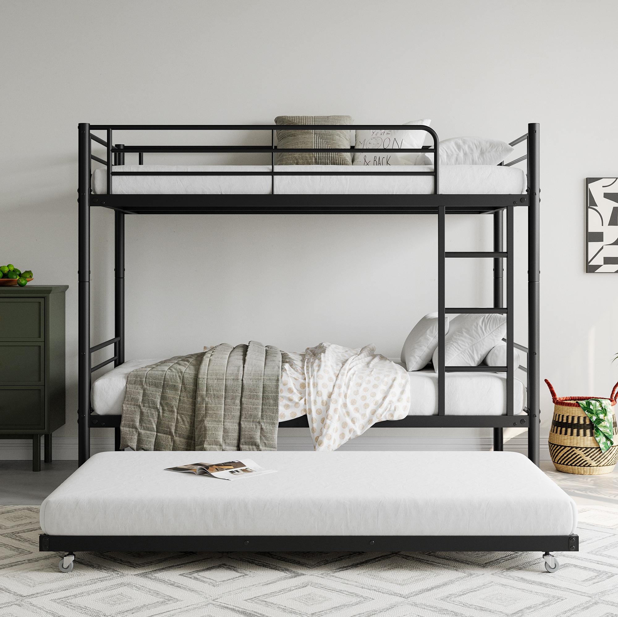 LOVMOR SF-M-W840P196829 Twin Bunk Bed with Trundle Metal Bunkbeds with Ladder and FullLength Guardrail Noise Free No Box Spring Needed Black